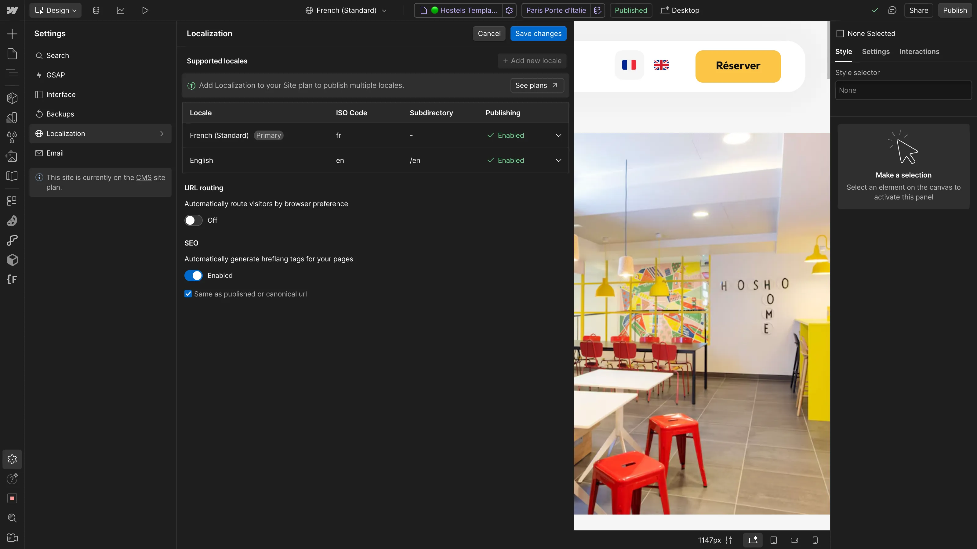 Interface Webflow affichant les paramètres de localisation du site Hosho, avec les langues française et anglaise activées.