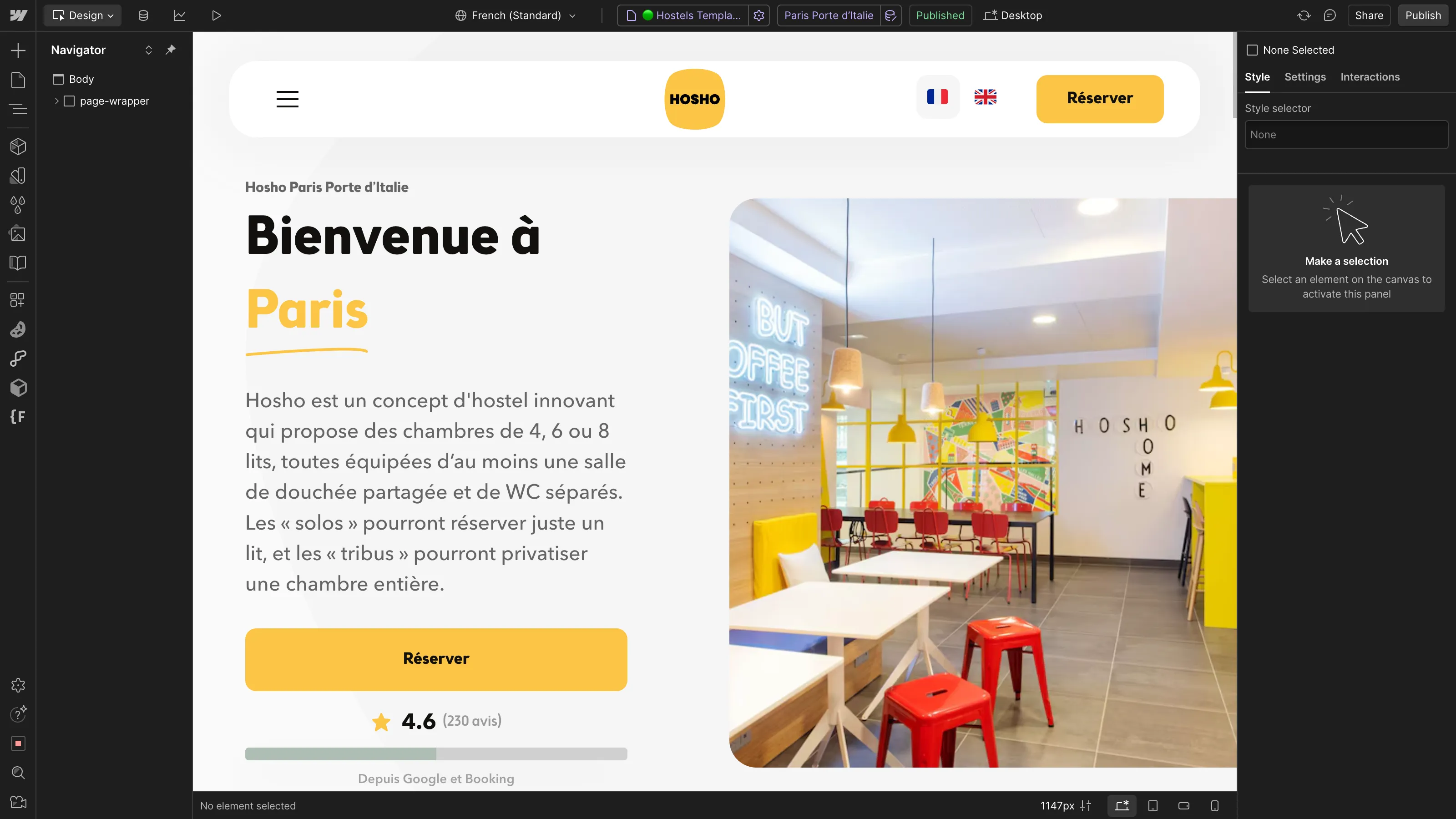 Capture d’écran de la page d’accueil en français de l’auberge Hosho à Paris, avec le message “Bienvenue à Paris” et une photo lumineuse de l’intérieur.