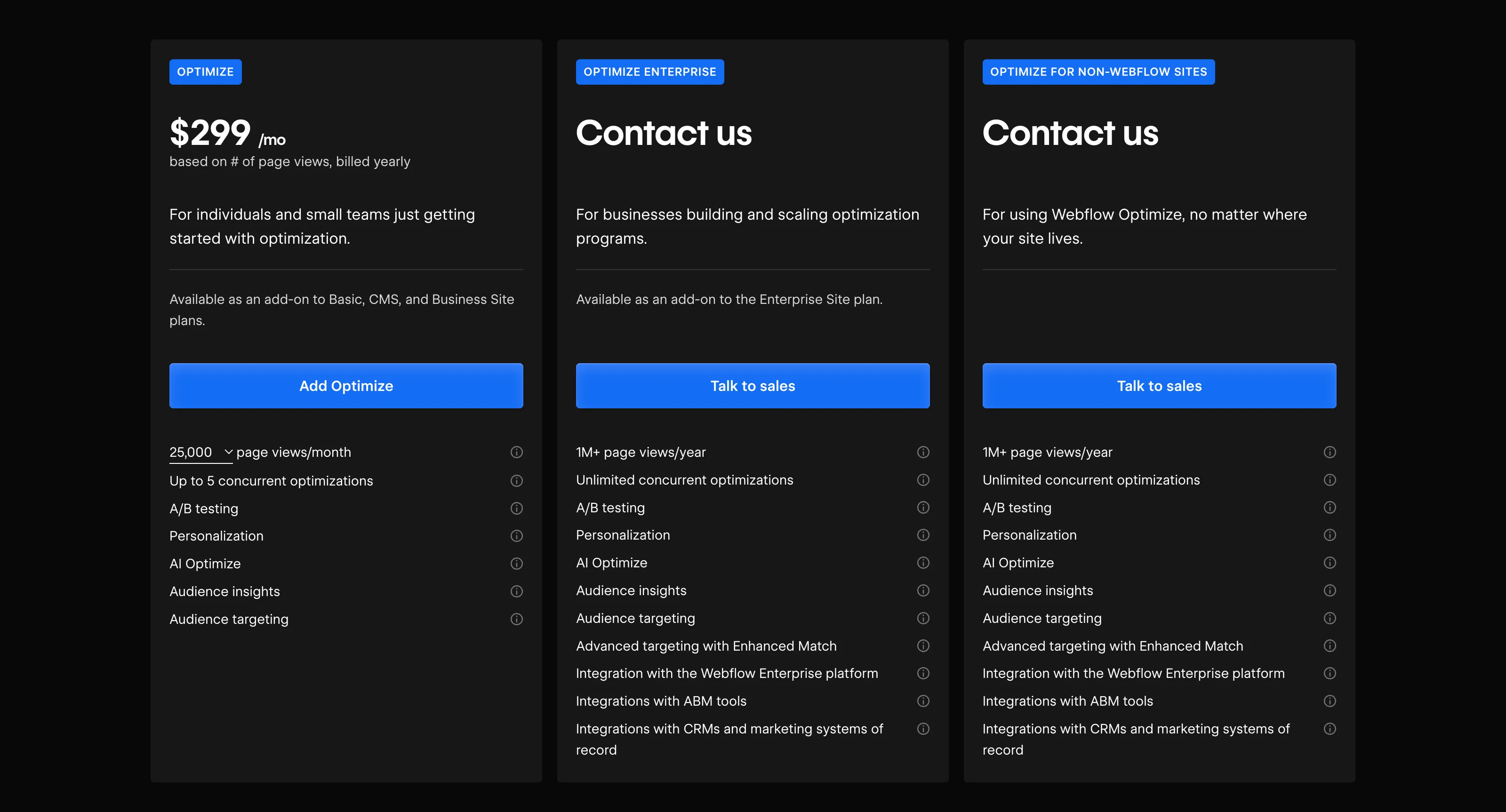  Webflow page showing site optimization options, with a feature comparison table by plan.