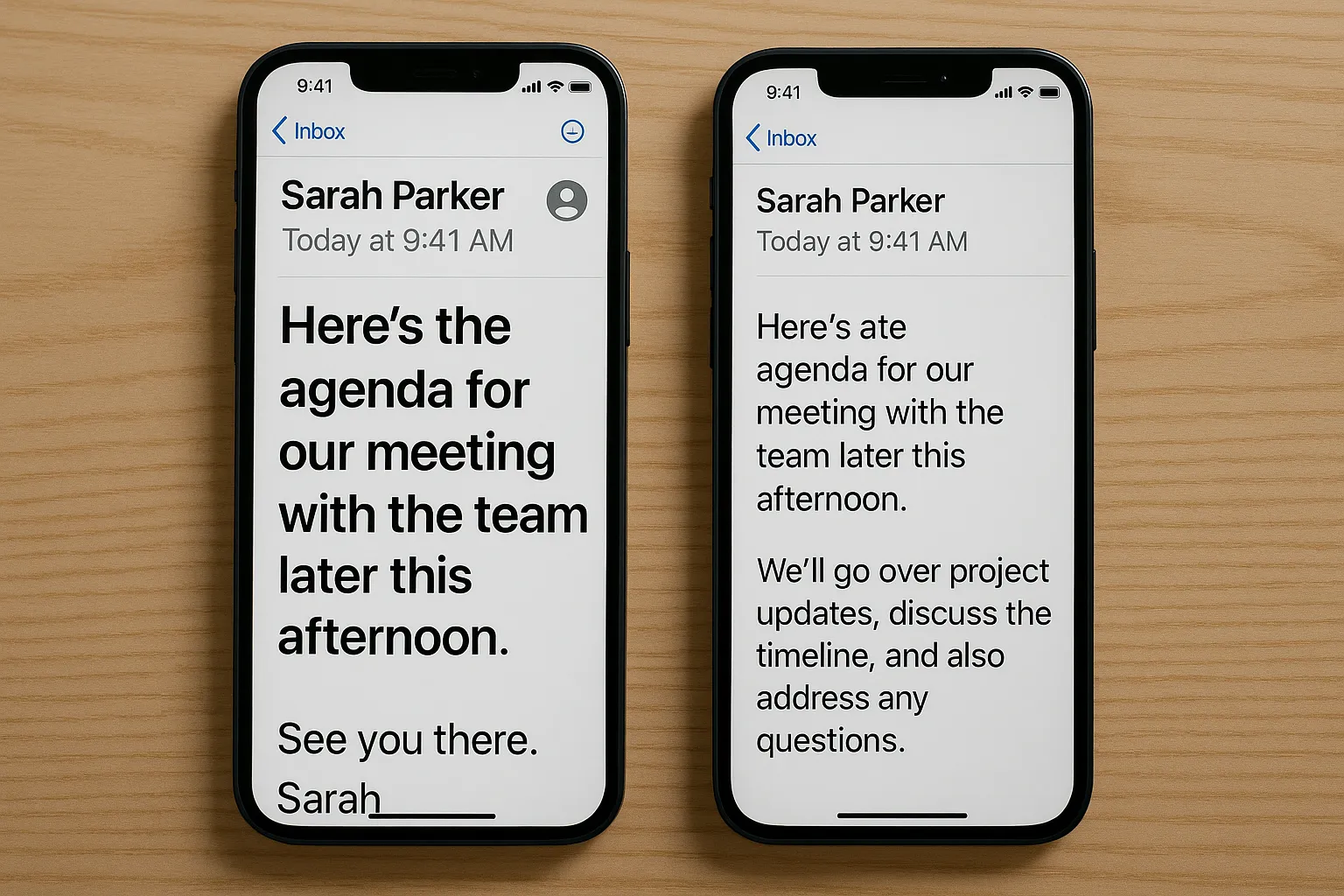 Accessibility comparison between two iPhones showing different font sizes in a messaging app. (Gen AI image)
