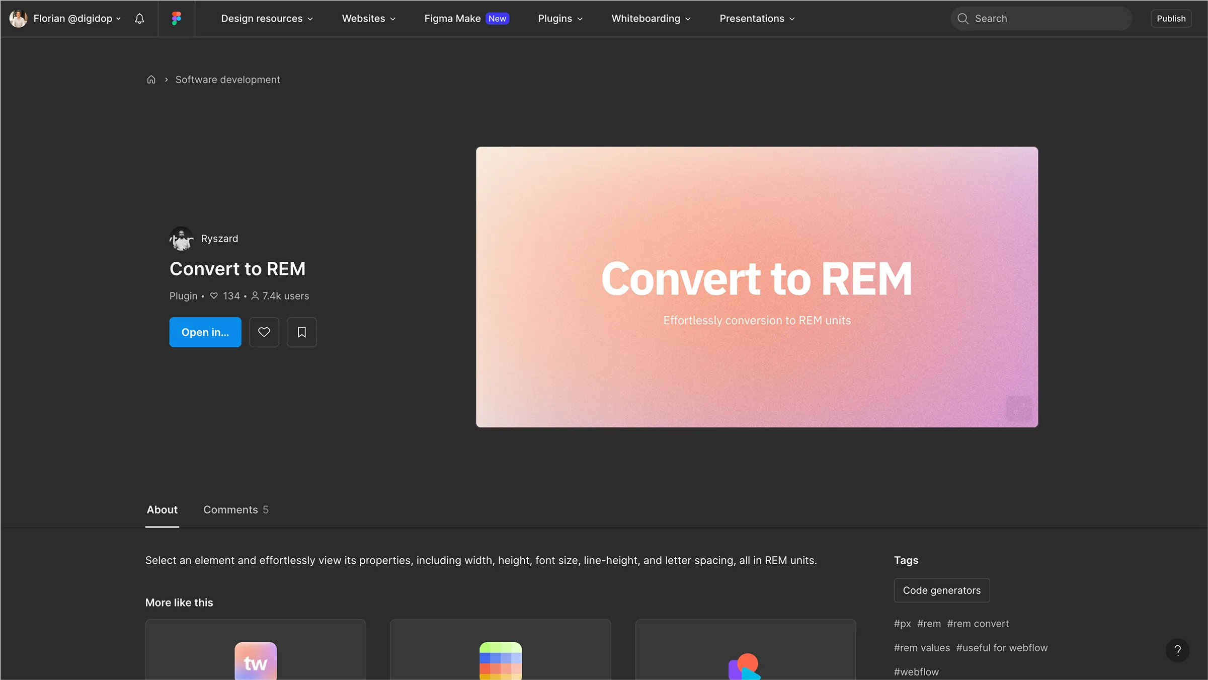  Presentation of the Figma plugin “Convert to REM” with a pink and orange gradient background.