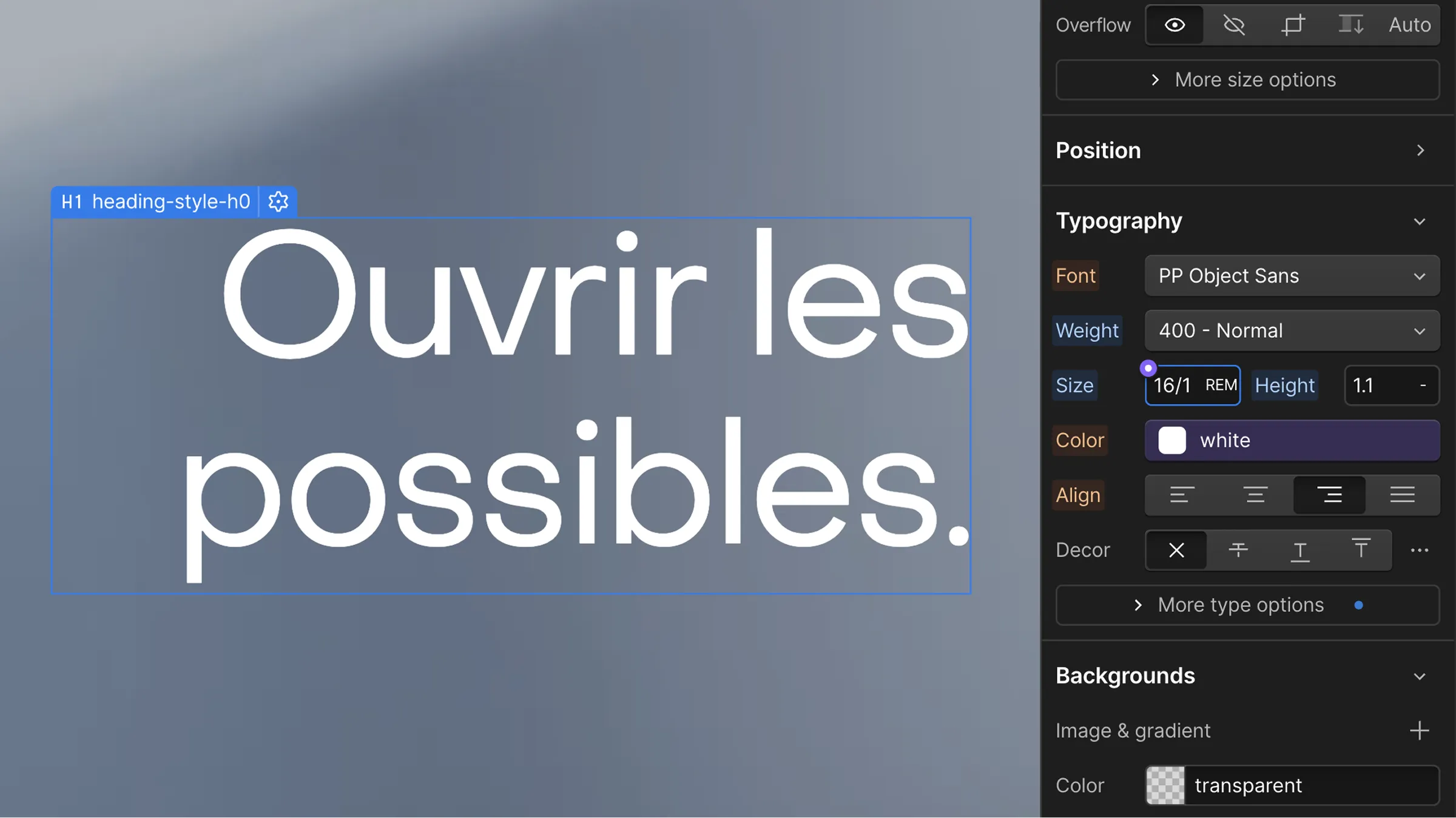 Webflow interface displaying typography settings using REM units on an H1 element.