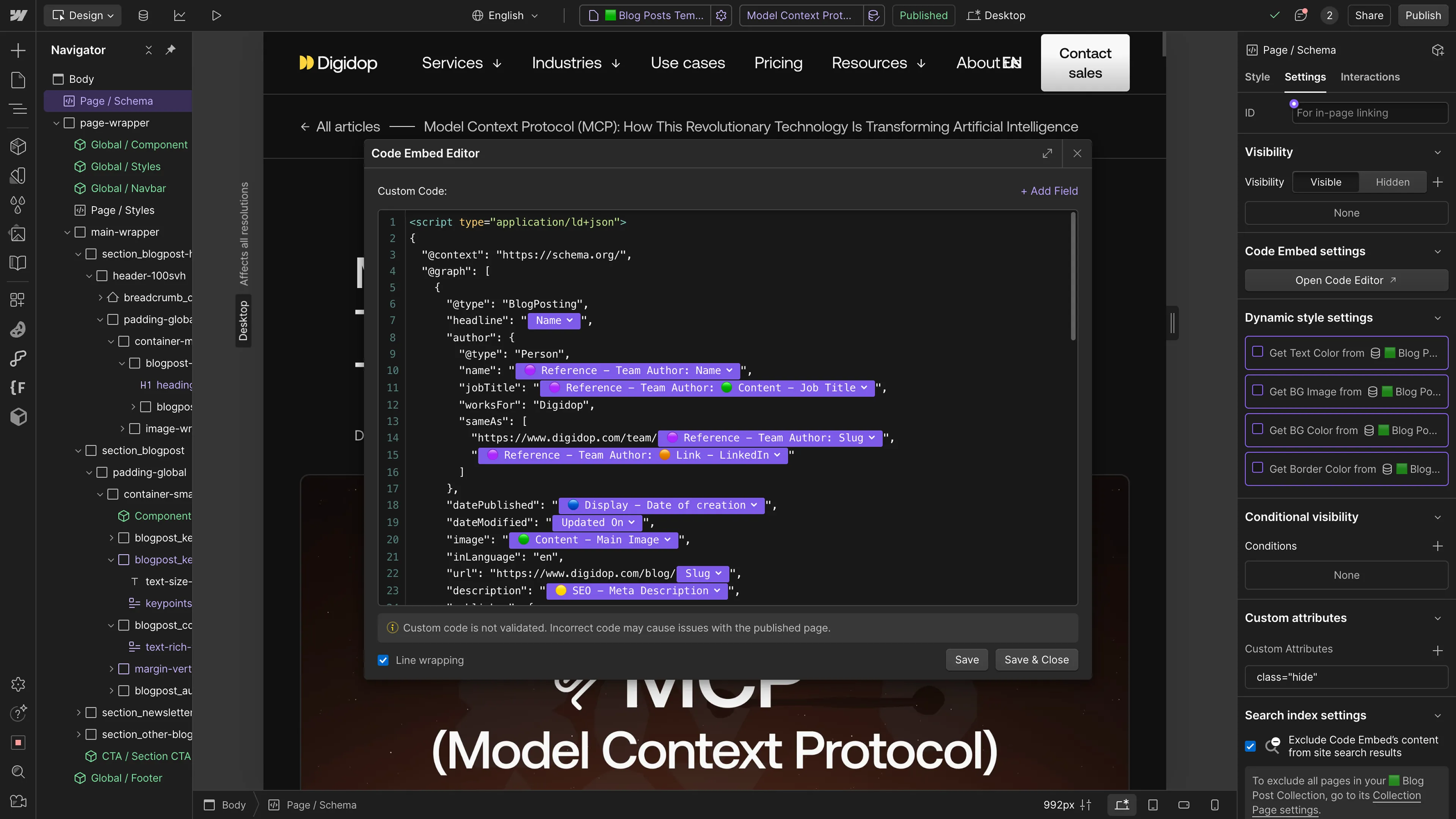 Interface Webflow avec implémentation de données structurées personnalisées en JSON-LD pour le contenu SEO d’un blog.