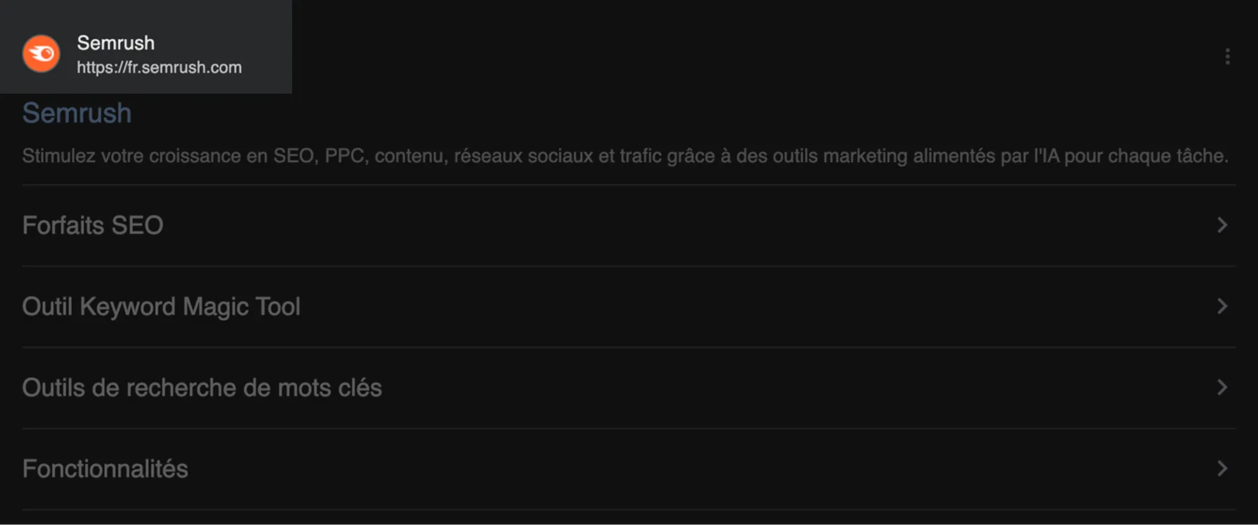 Capture d’écran de l’interface française de Semrush affichant les principaux outils SEO et forfaits.