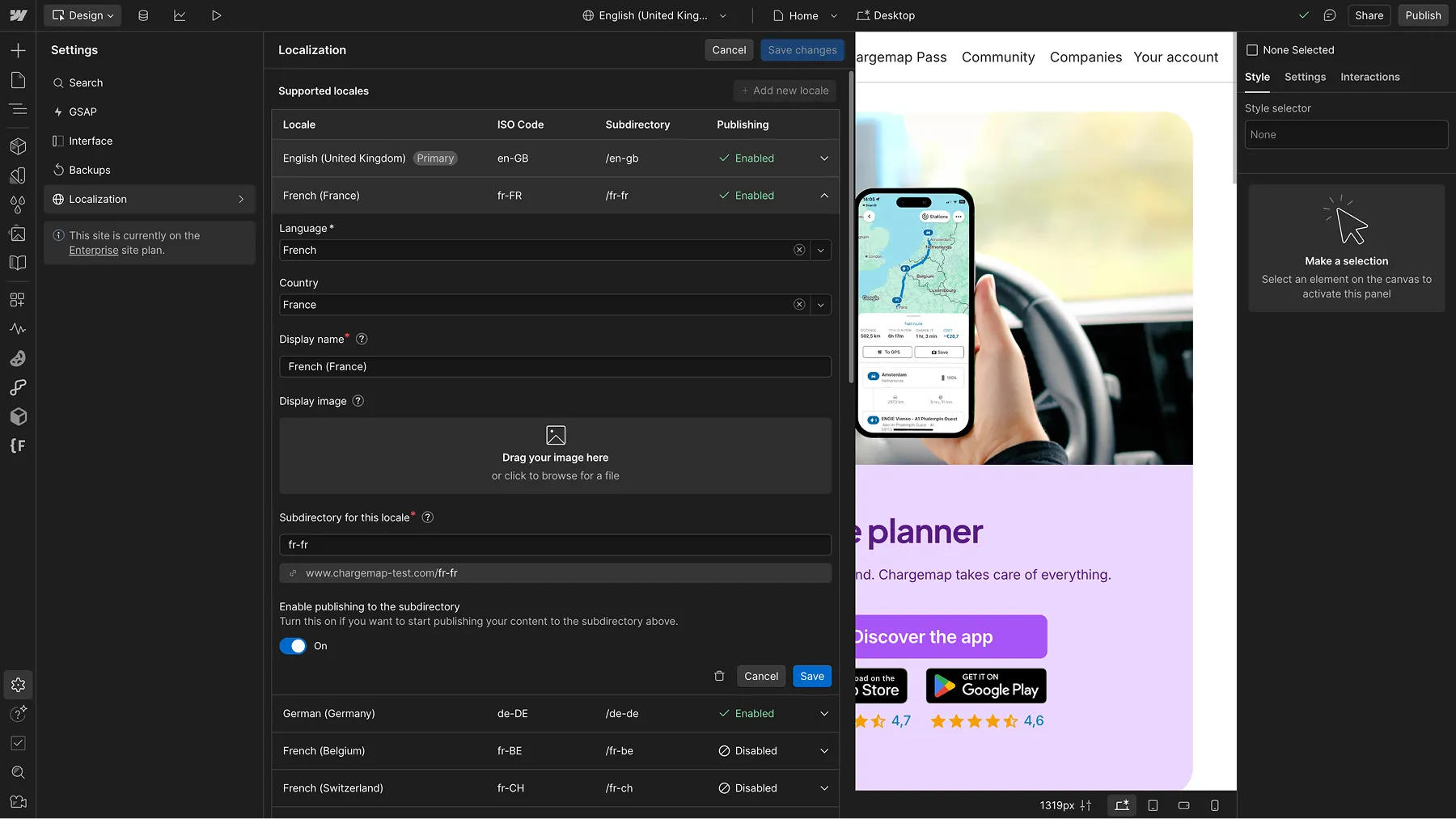 Interface Webflow affichant les paramètres de localisation avec sous-répertoires pour plusieurs langues, dont le français et l’allemand.