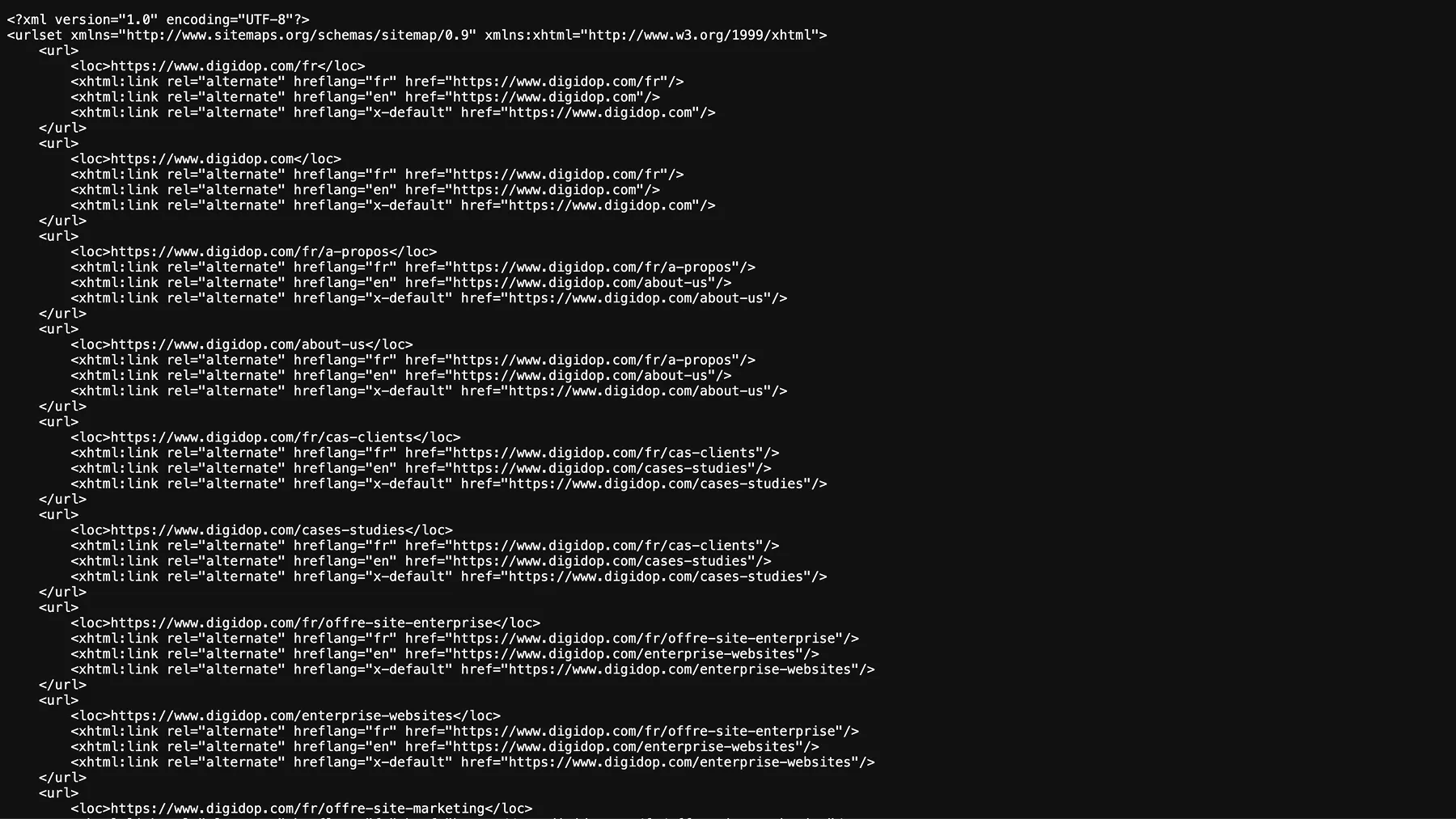 Structure de fichier sitemap XML multilingue du site de Digidop, affichant les attributs hreflang alternatifs pour le SEO.
