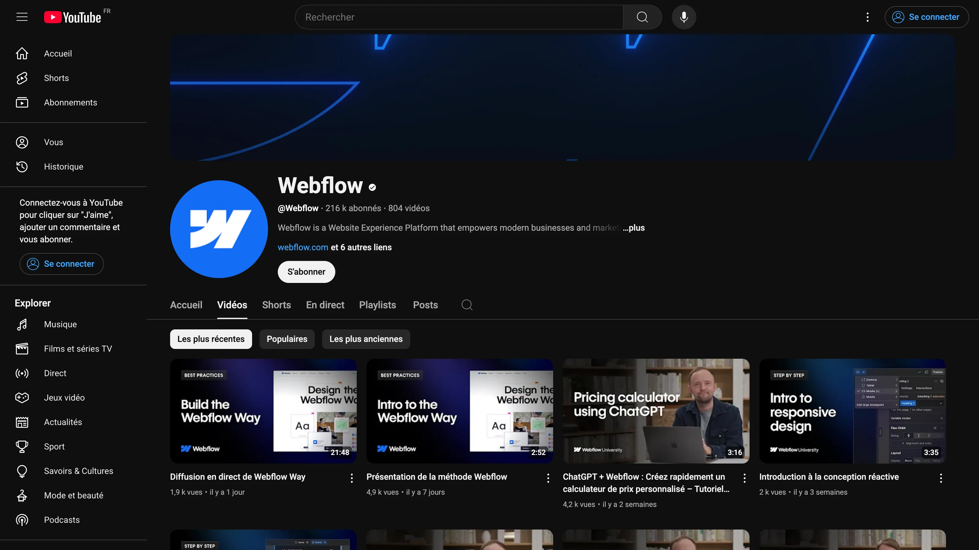 Official Webflow YouTube channel presenting tutorials, product updates, and best practices for designing with Webflow.