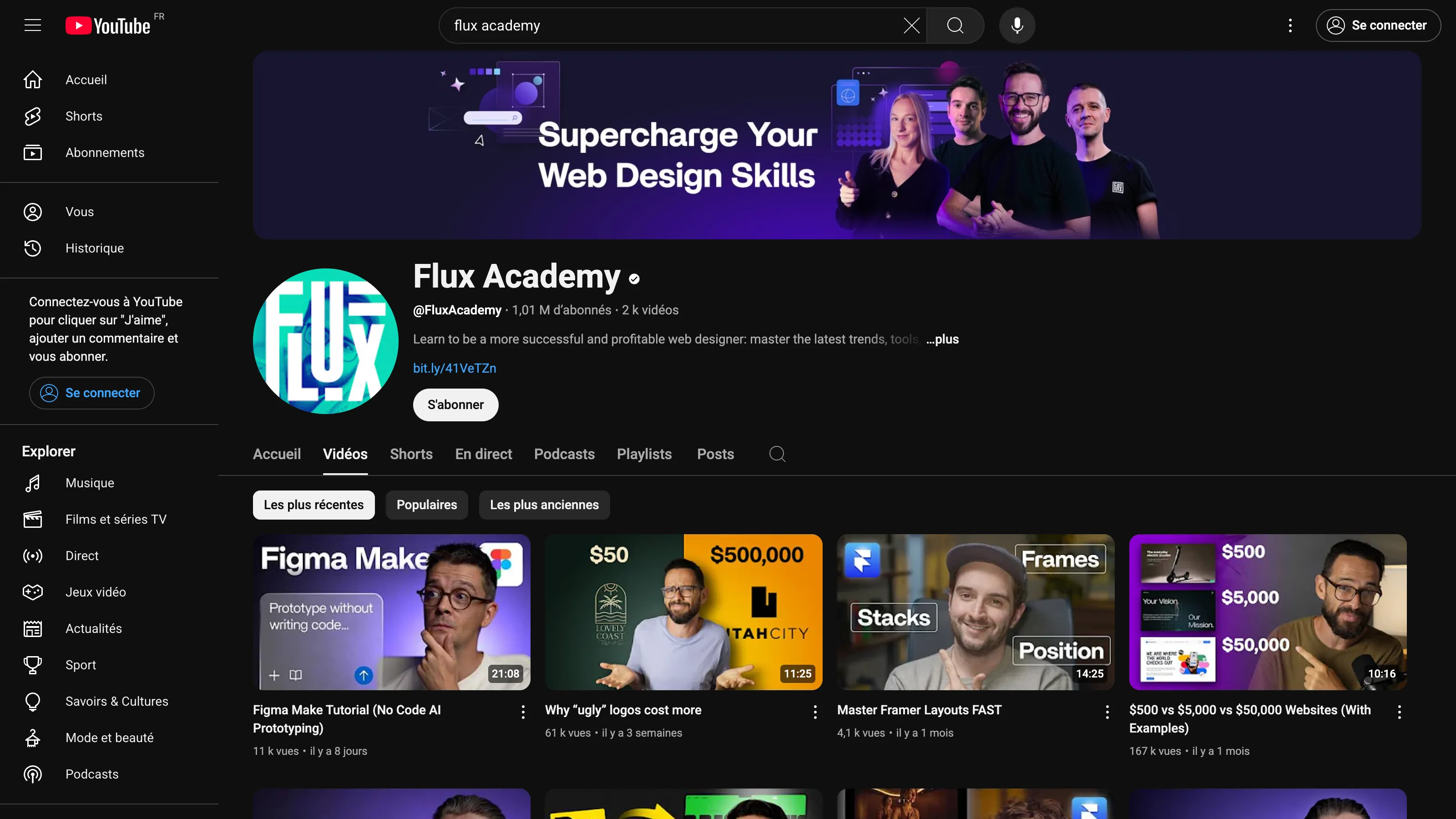 Flux Academy’s YouTube profile featuring educational content on web design, Figma, and Framer, with a vibrant purple banner.