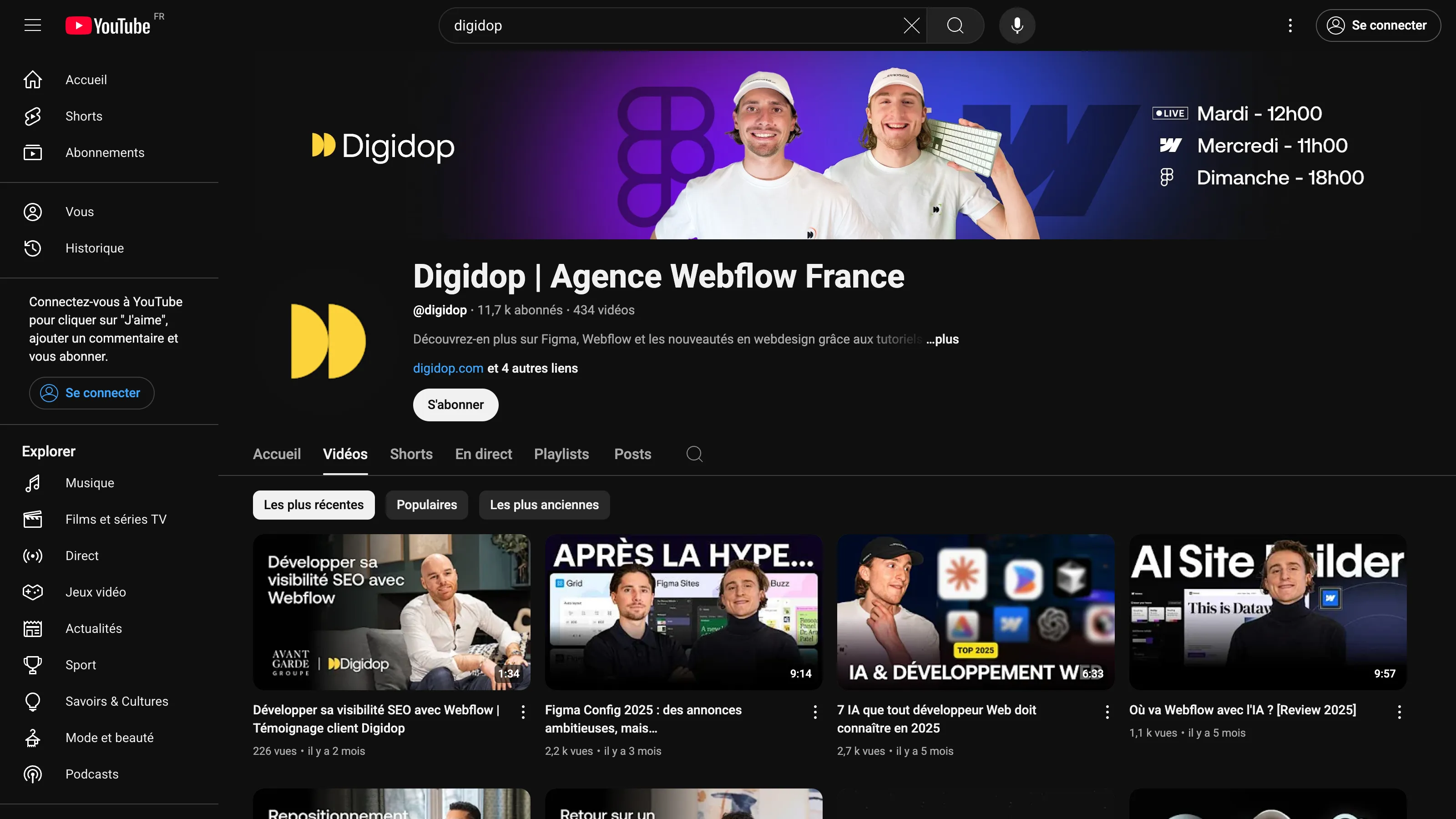 Digidop’s French Webflow agency YouTube channel with tutorials on Webflow, Figma, and AI, highlighted by a purple and blue banner.