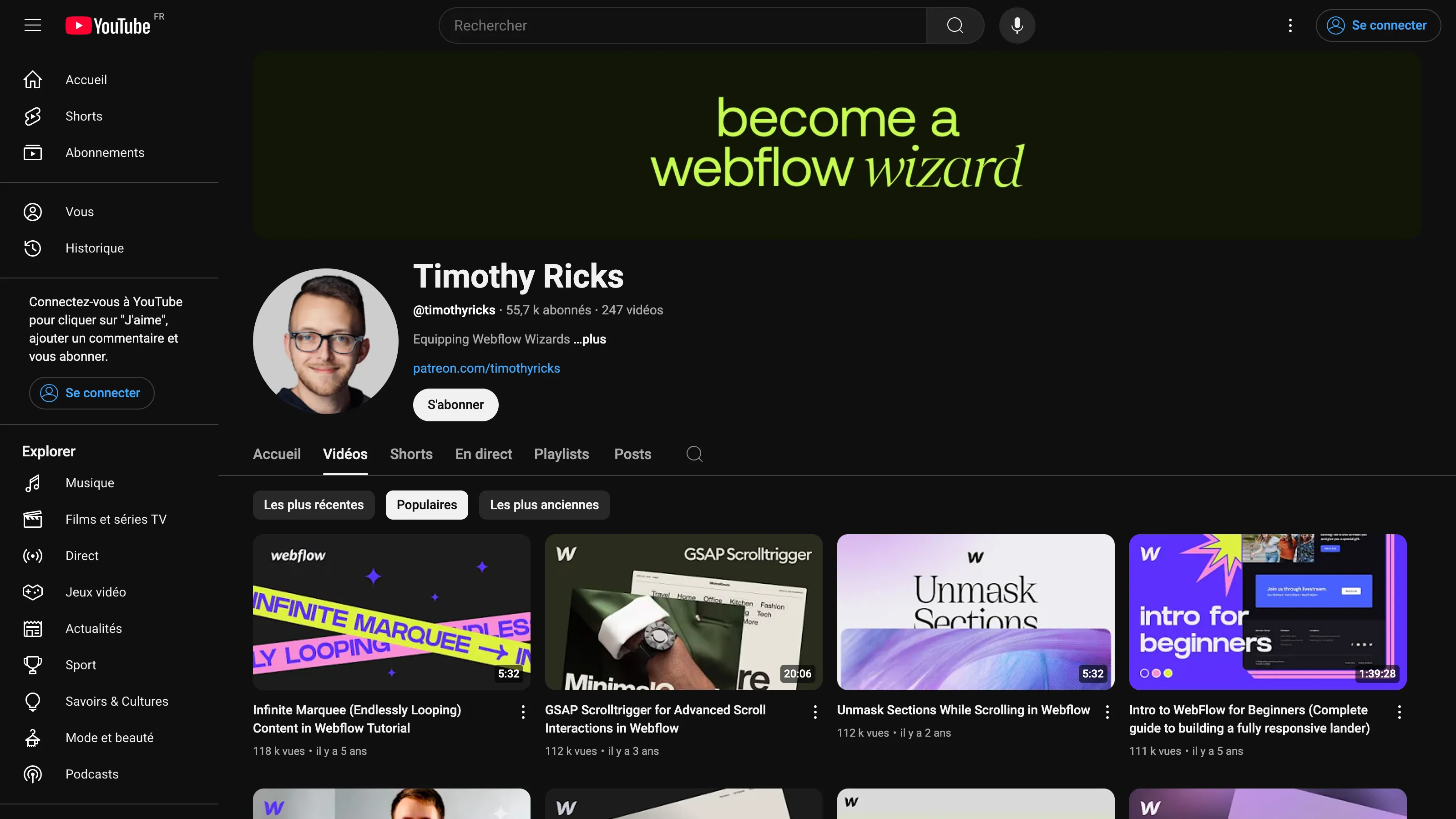 Timothy Ricks’s YouTube channel focused on advanced Webflow animations and tutorials, with a dark green banner and popular video thumbnails.