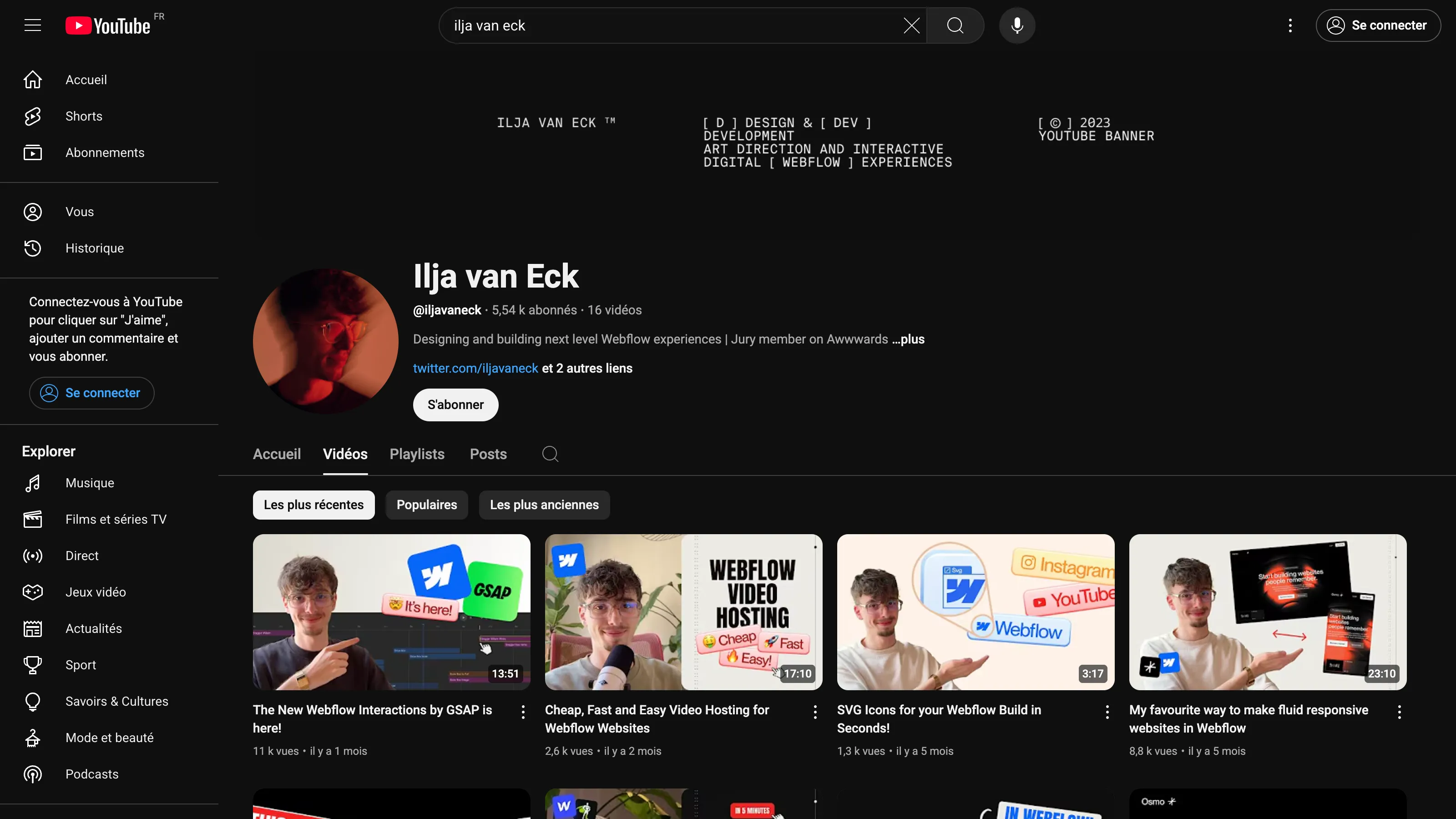Ilja van Eck’s YouTube profile showcasing Webflow and GSAP tutorials, with a minimalist black banner and recent video thumbnails.