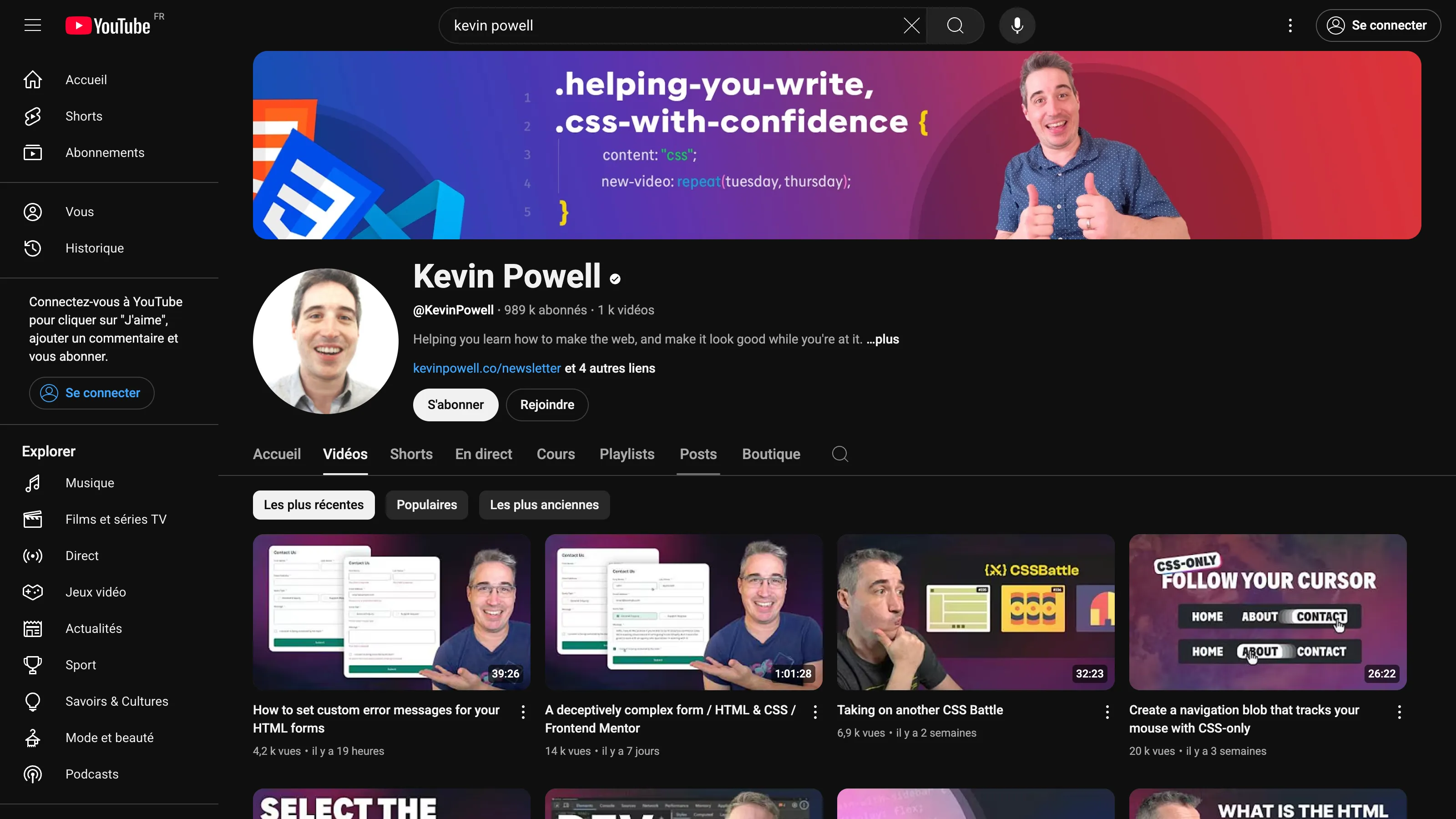 Kevin Powell’s YouTube channel dedicated to teaching CSS, with a colorful banner and recent HTML/CSS tutorial thumbnails.