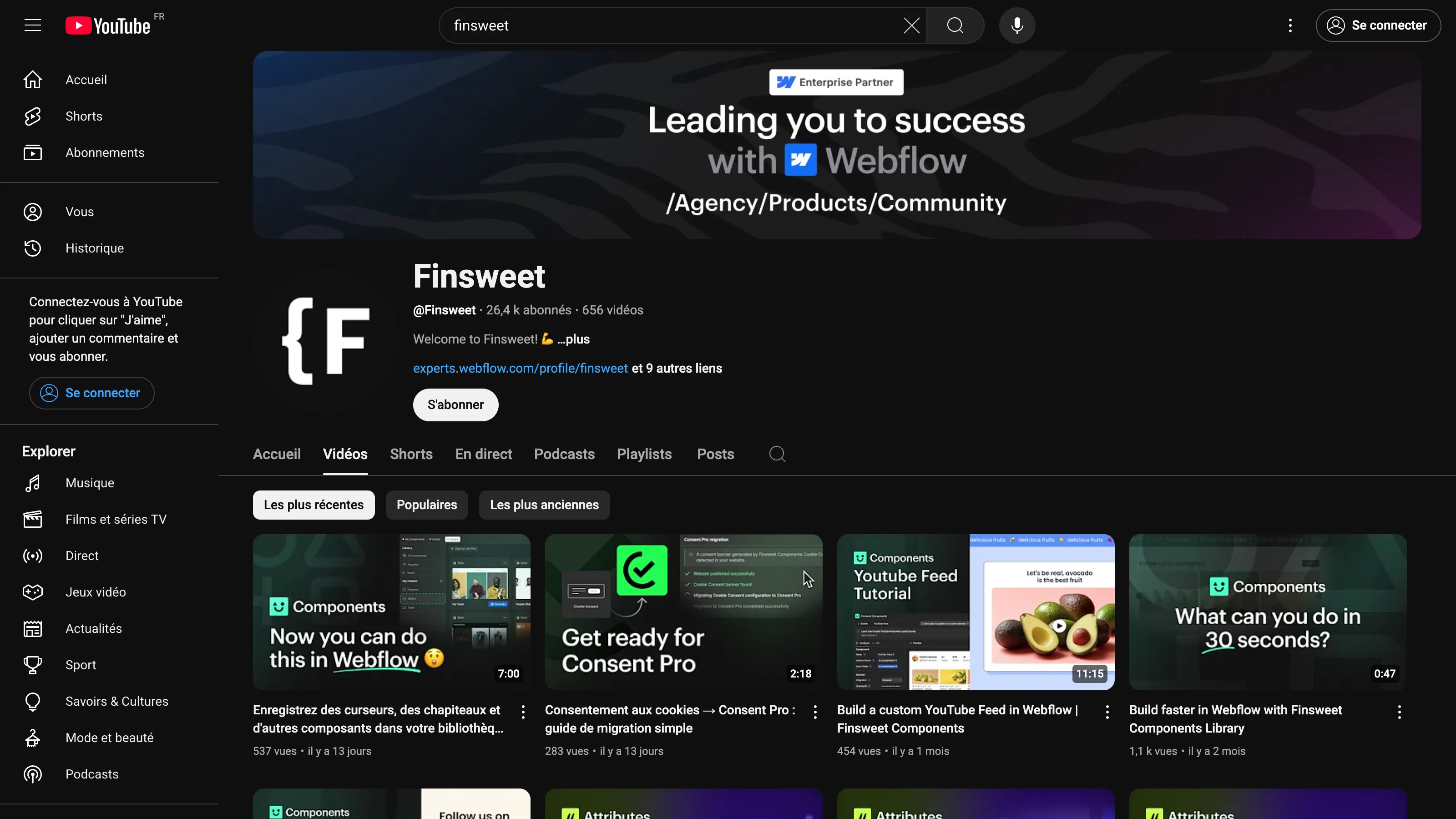 Finsweet’s YouTube channel showcasing Webflow components, consent tools, and development tutorials, with a dark zebra-pattern banner.
