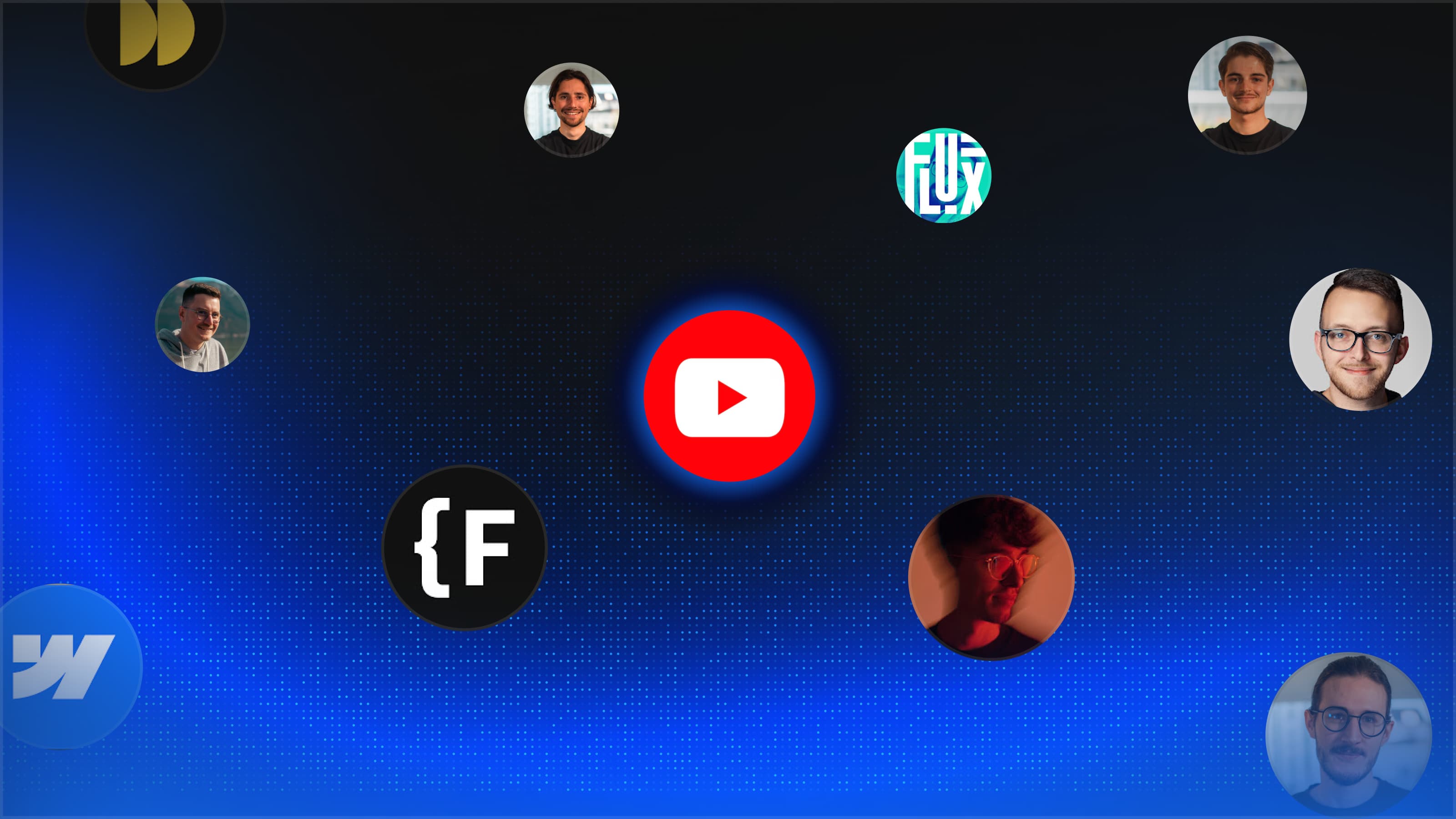 Graphic showing top YouTube creators in the Webflow and front-end ecosystem, with circular profile images and platform logos.