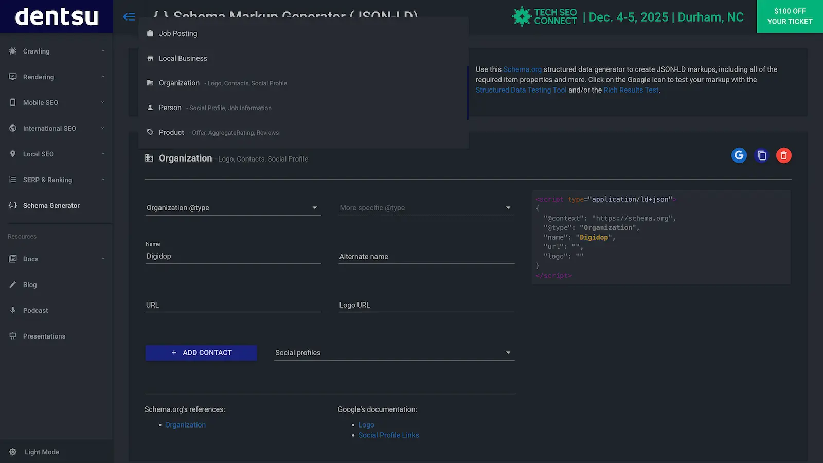 Interface Schema Markup Generator de dentsu