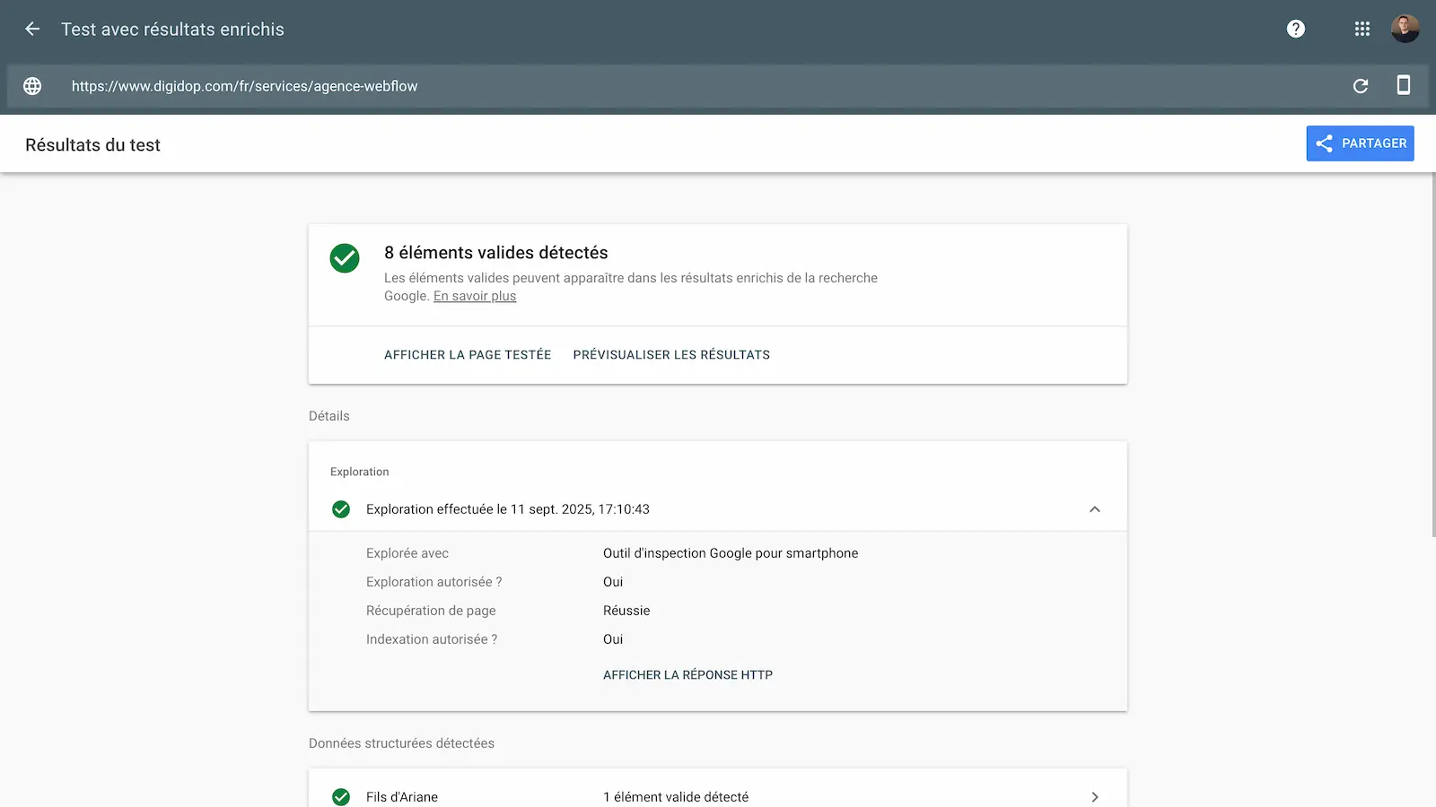 Google Test données structurées avec digidop.com agence webflow