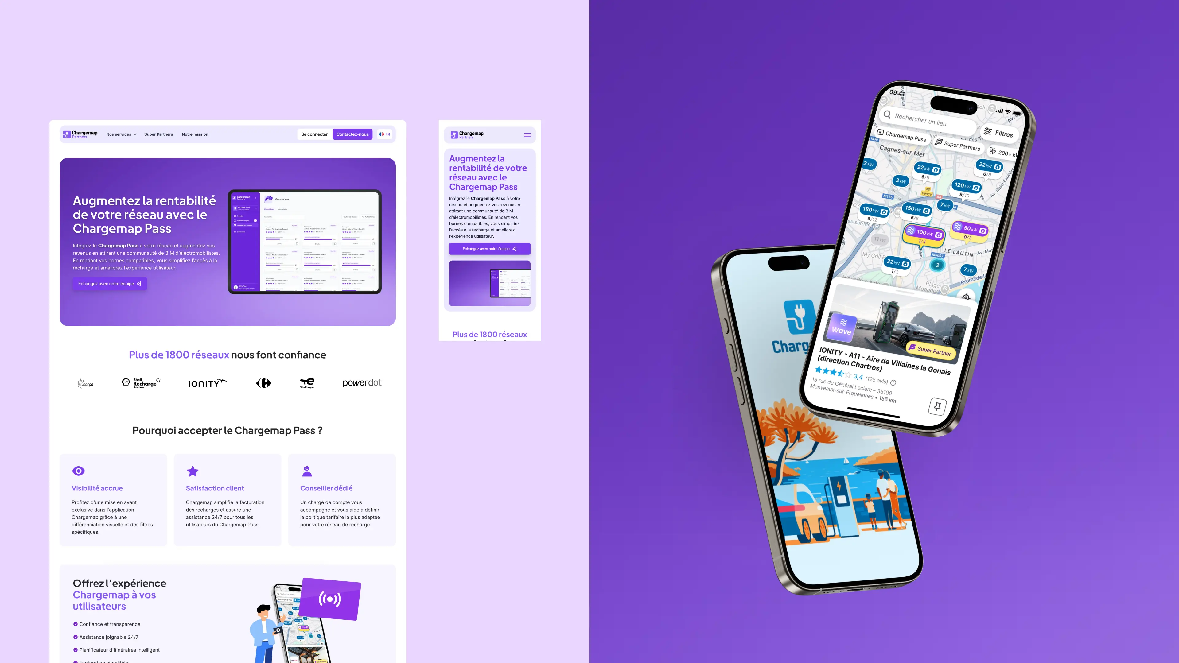 Chargemap Partners promotional visuals showing a responsive landing page on desktop and mobile mockups on the left, and two floating smartphones on the right — one displaying the Chargemap app map view with charging stations, and the other showing the app splash screen. Purple gradient background.