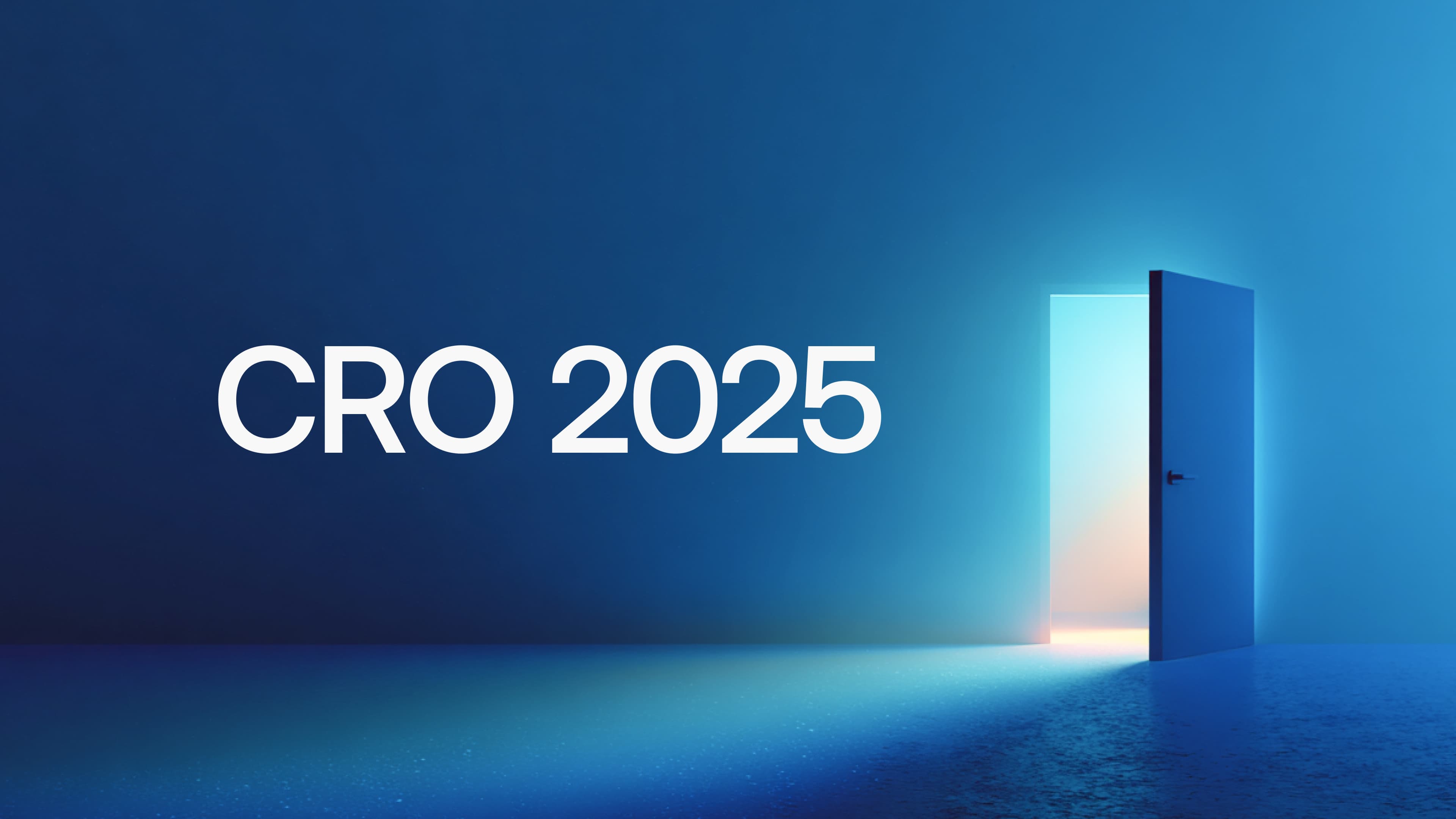 Illustration futuriste avec une porte ouverte éclairée en bleu et le texte “CRO 2025”, symbolisant les opportunités d’optimisation de la conversion à venir.
