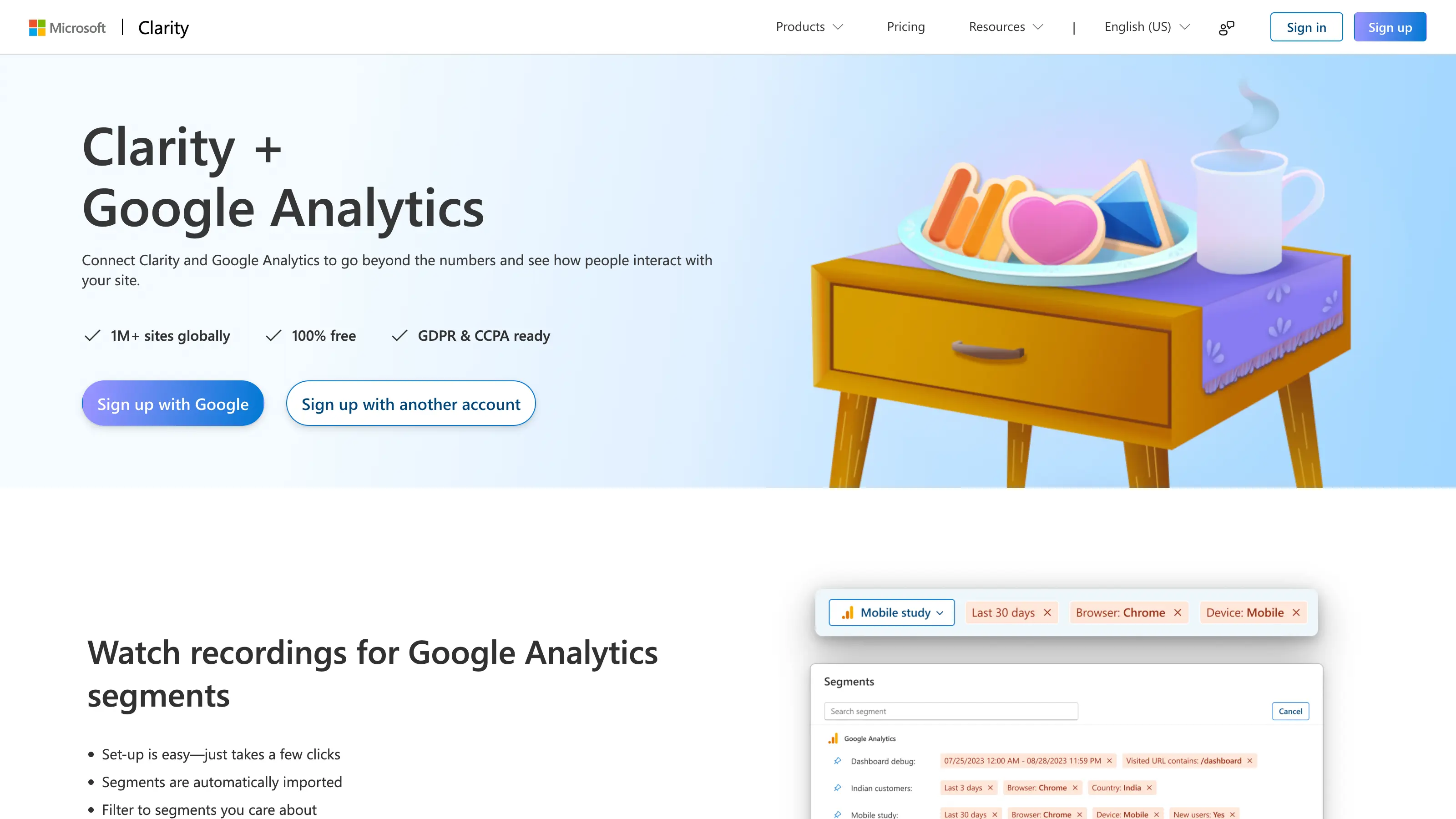 Page d’accueil de Microsoft Clarity mettant en avant l’intégration avec Google Analytics et les options d’inscription.
