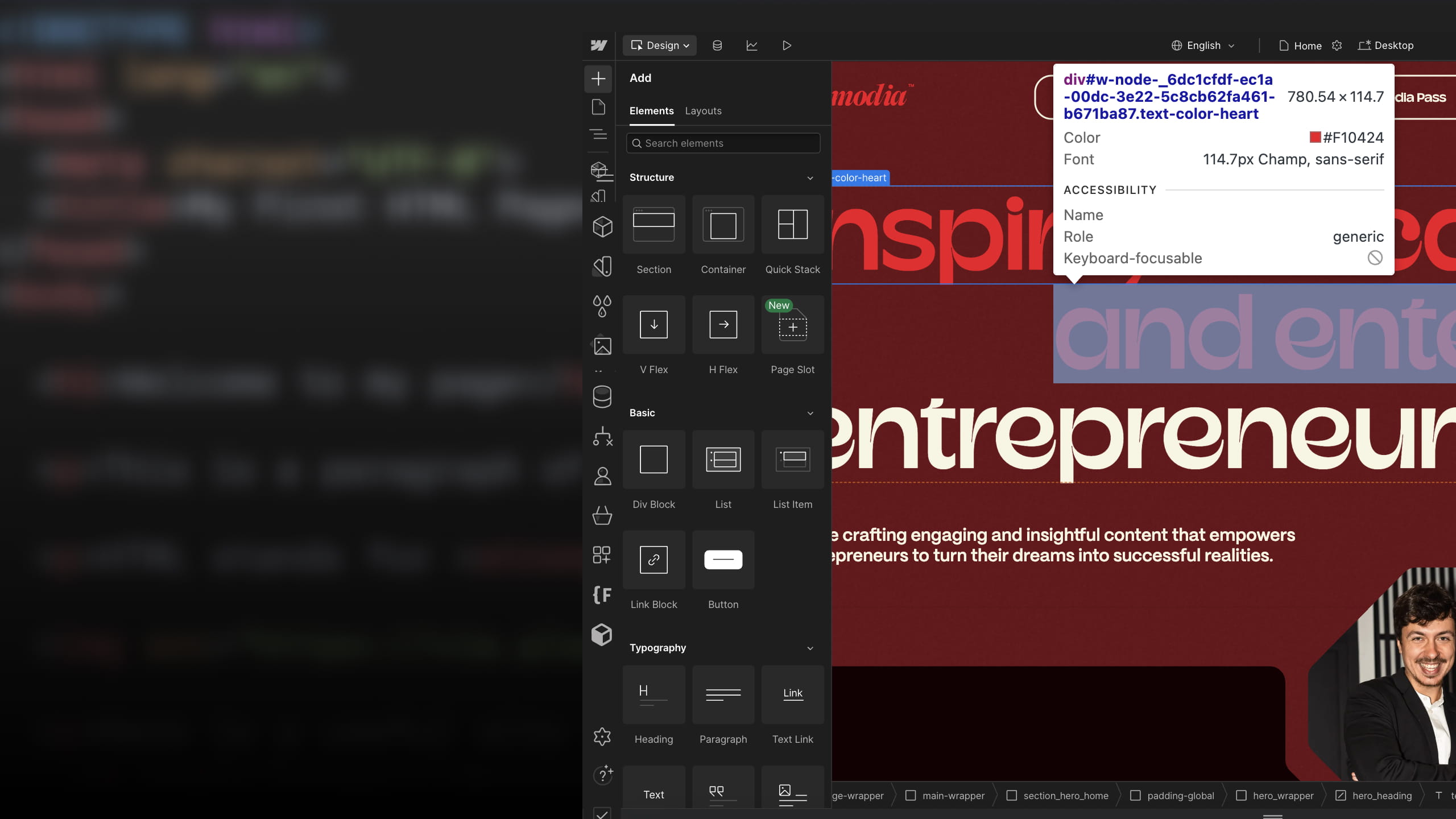 Interface Webflow avec panneau d'éléments (div, texte, bouton...) lors de l'édition d'un site Web.