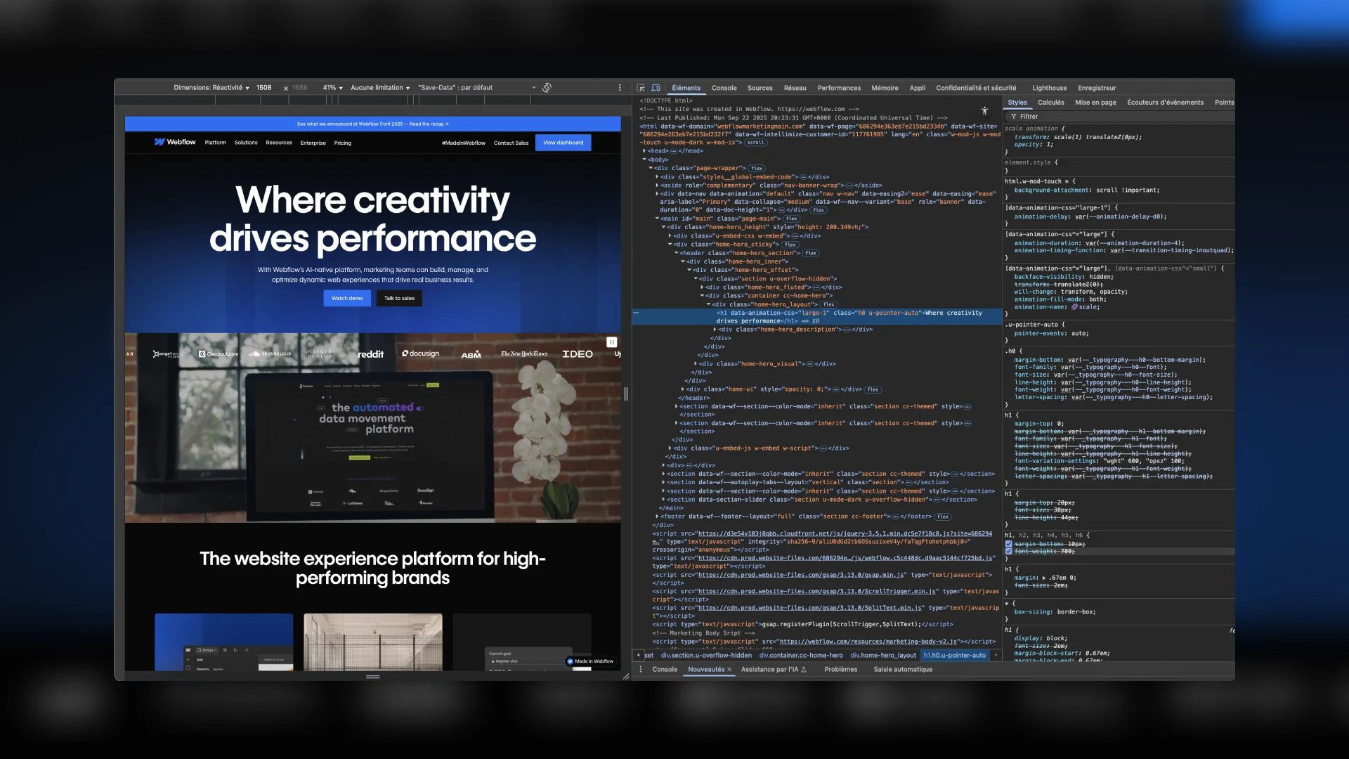 Aperçu de l’inspecteur de code d’un site Webflow, illustrant la structure HTML et le CSS généré.