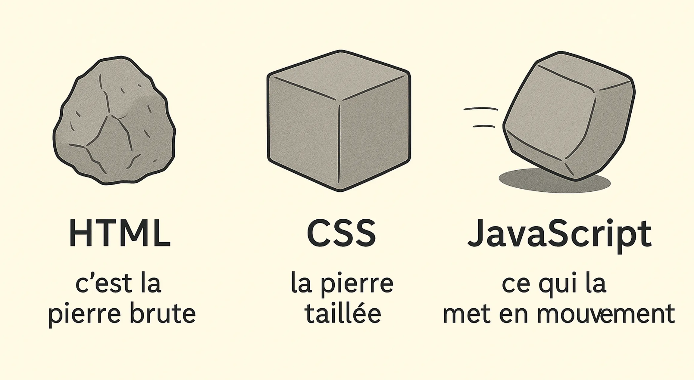 Métaphore visuelle : HTML comme pierre brute, CSS comme pierre taillée, JavaScript comme élément qui met tout en mouvement.