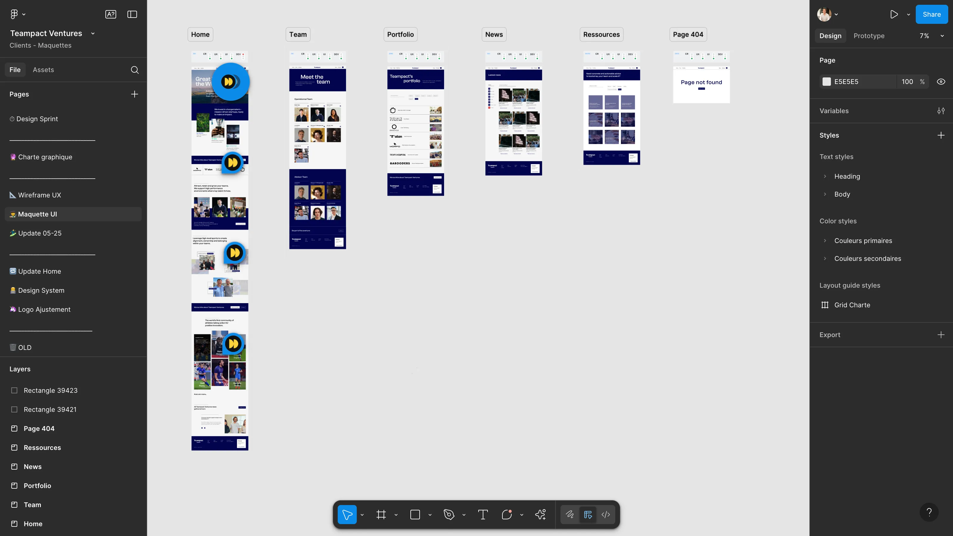 Preview of Teampact Ventures Figma UI mockups, showing Team, Portfolio, News, Resources and 404 pages.