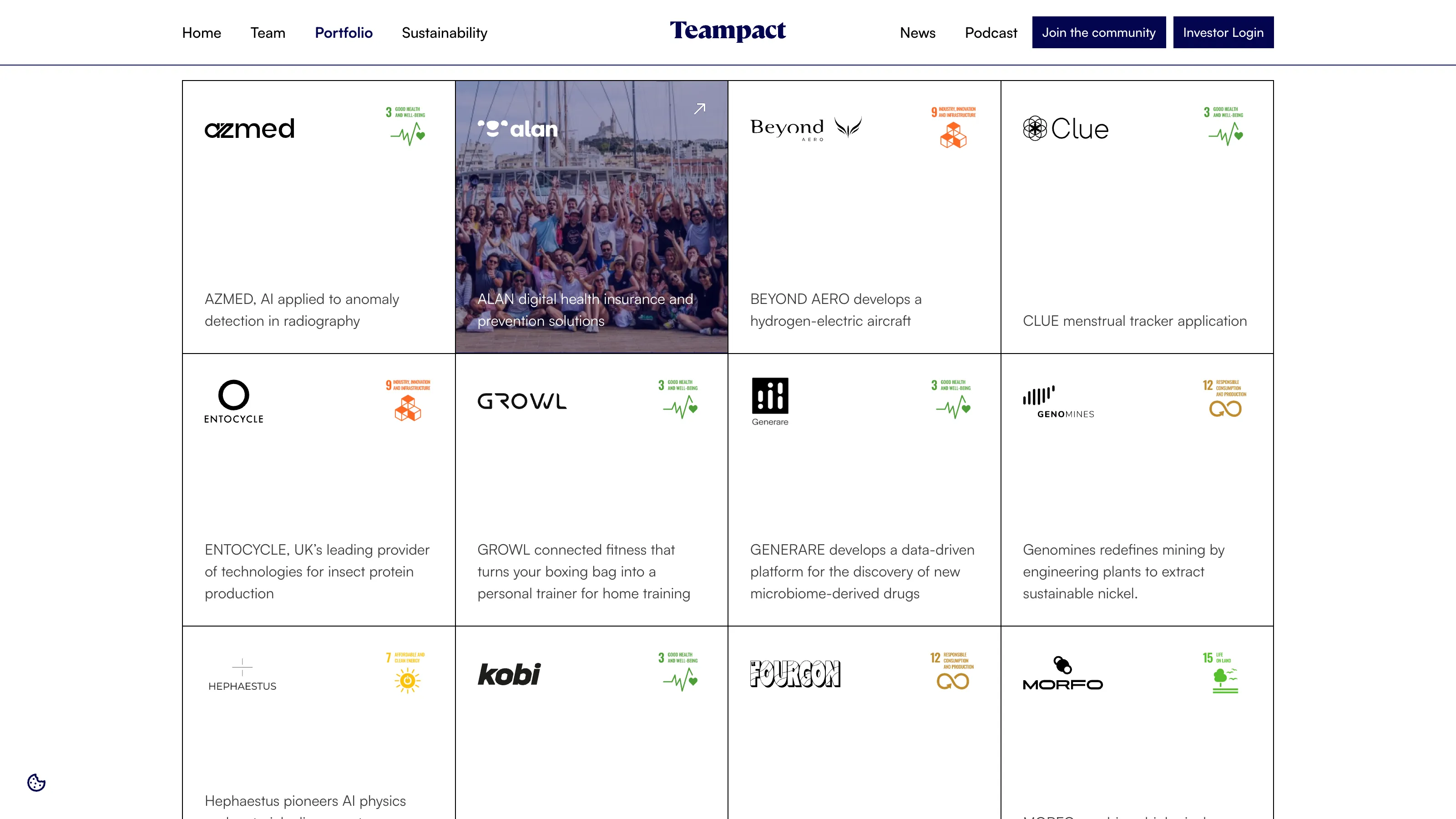 Screenshot of Teampact Ventures portfolio page showcasing the fund’s startups.
