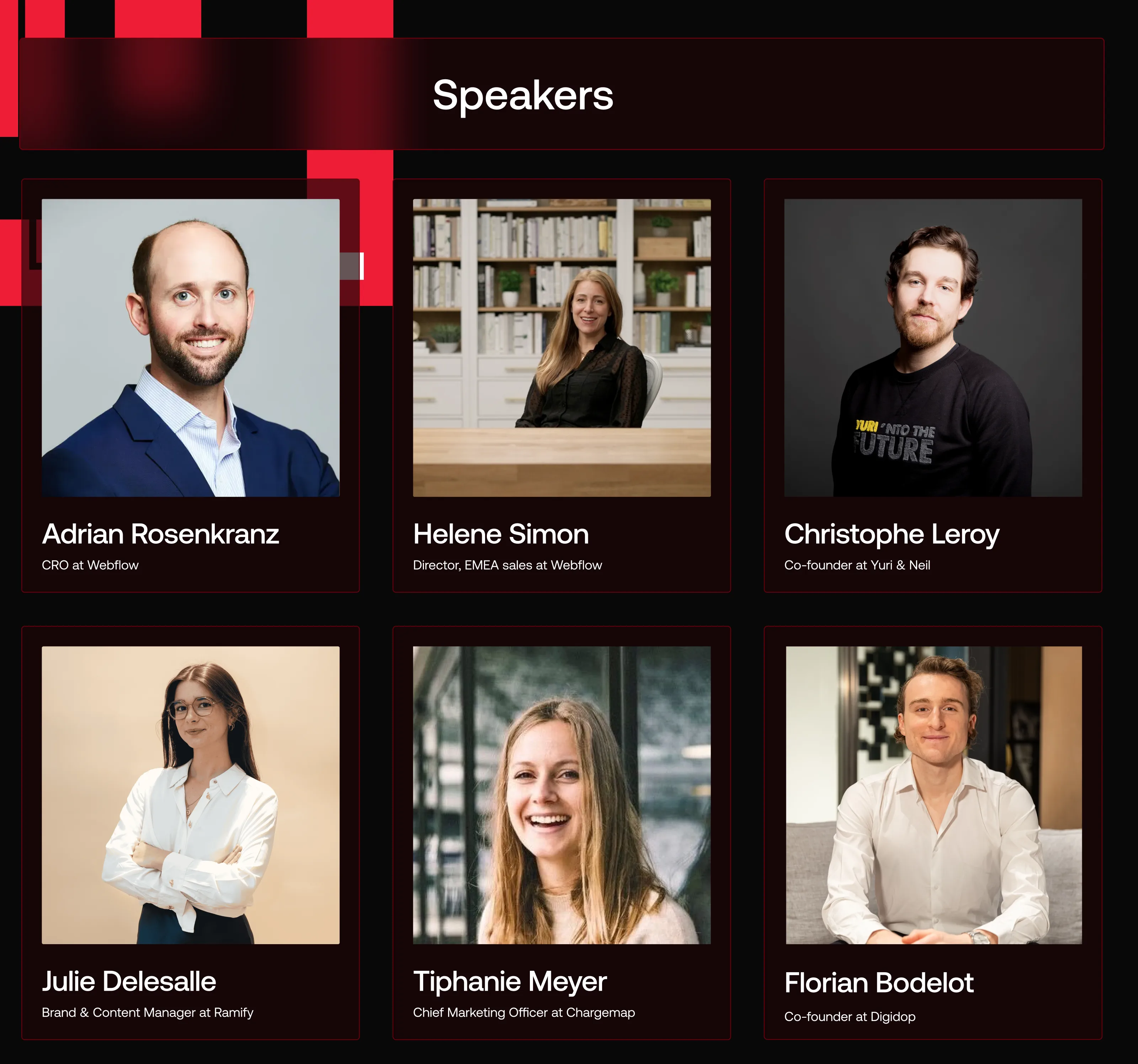 Liste des intervenants du Webflow Momentum Tour : Adrian Rosenkranz, Helene Simon, Christophe Leroy, Julie Delesalle, Tiphanie Meyer et Florian Bodelot.