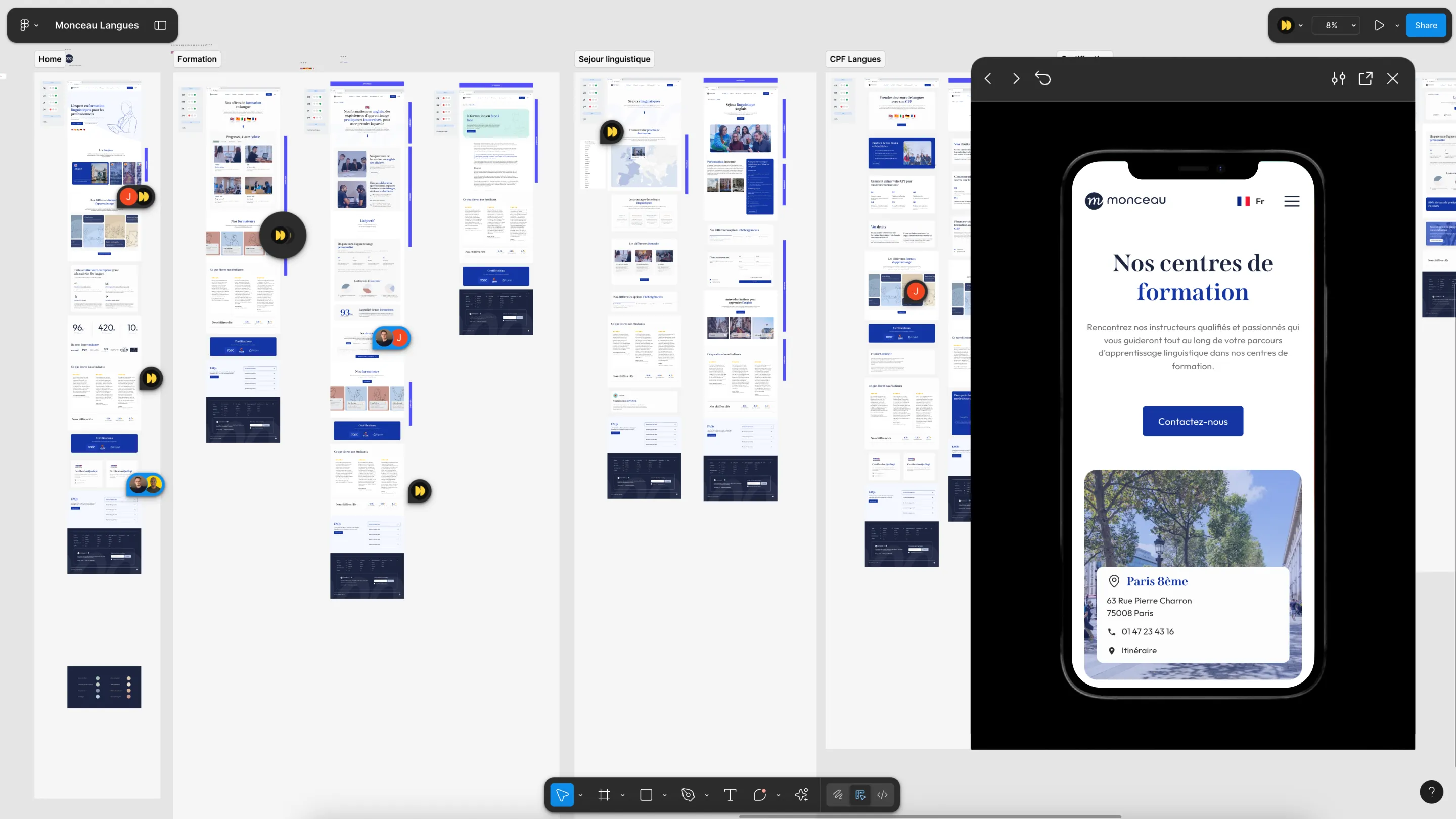 Full UI design overview in Figma for Monceau Langues, including homepage, training and language stay pages.