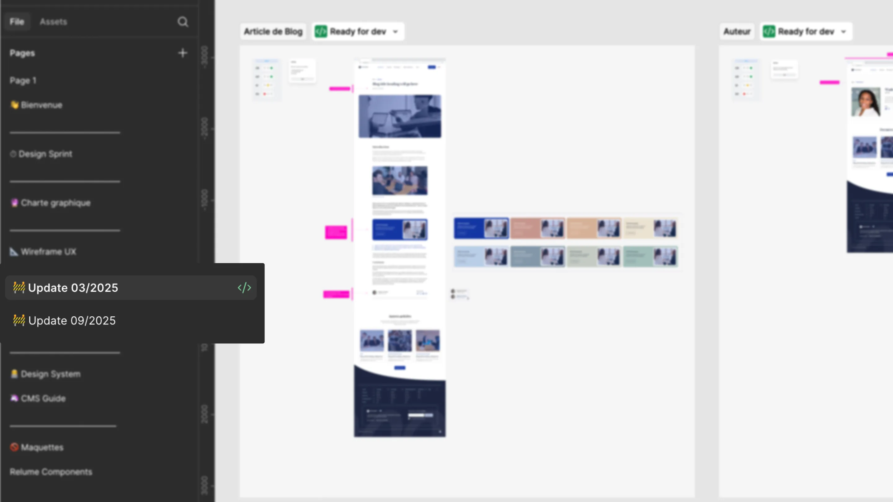 Figma mockup of Monceau Langues’ blog with annotations and updates from 03/2025 and 09/2025.