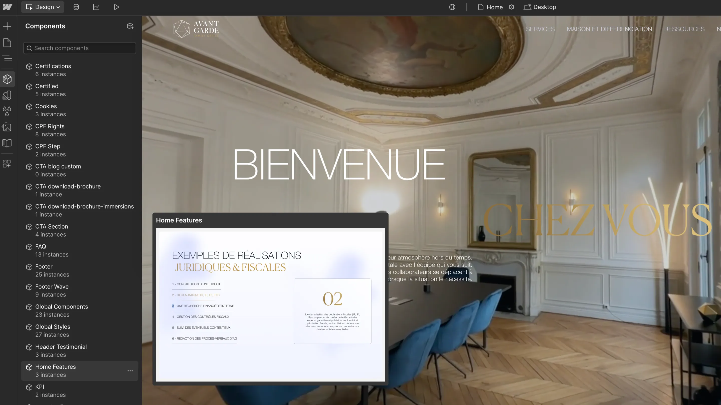 Intégration Webflow du site Avant-Garde Family Office, affichant une vue immersive des locaux dans la page d’accueil.
