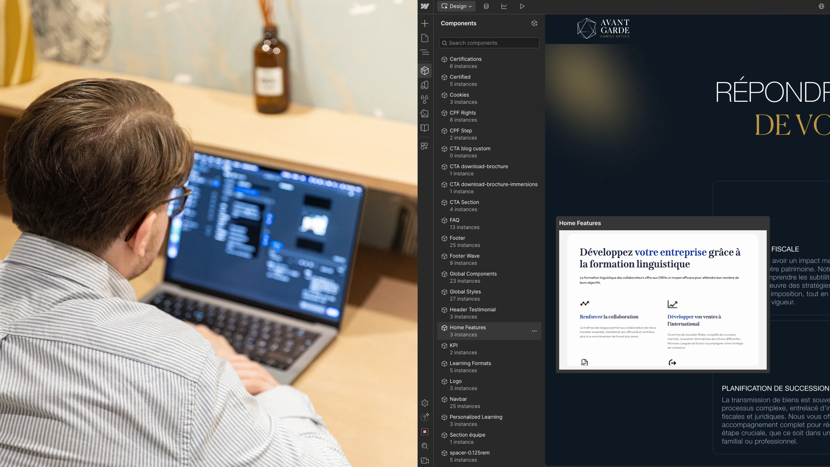 Photo d’un développeur travaillant sur le site Webflow d’Avant-Garde Family Office, affichant le composant “Home Features”.