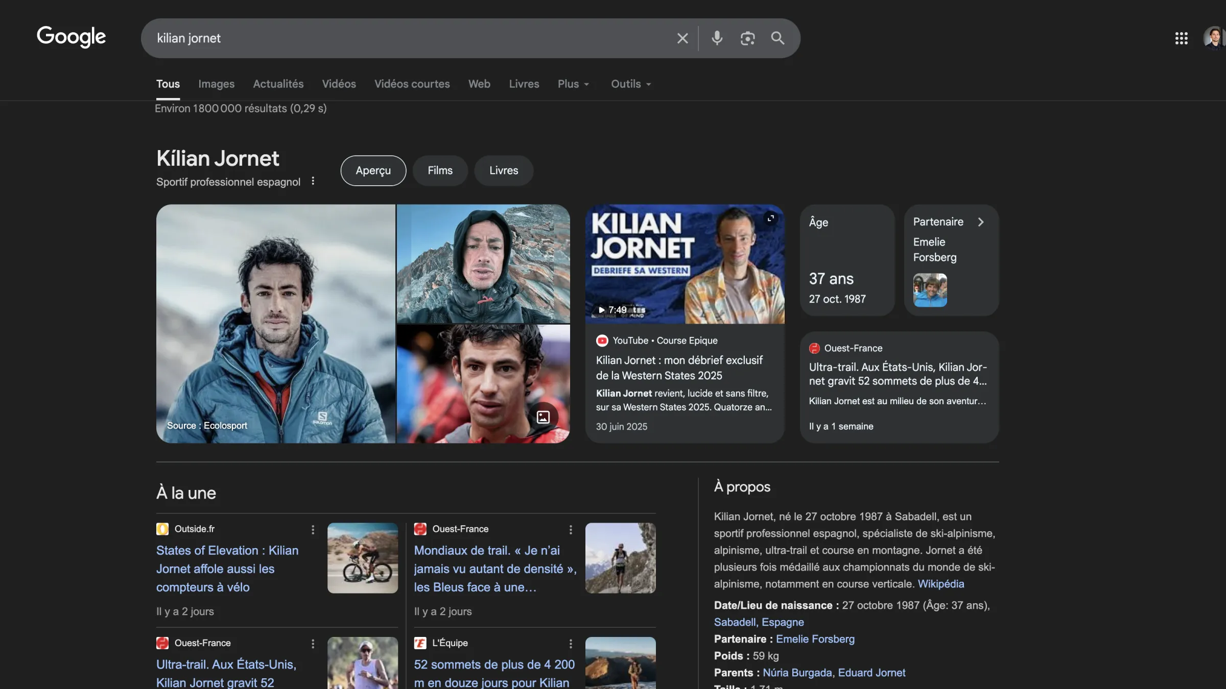 Capture d’écran d’une page google affichant des résultats enrichis, tels que des photos, vidéos, articles, sur le trailer Kilian Jornet.