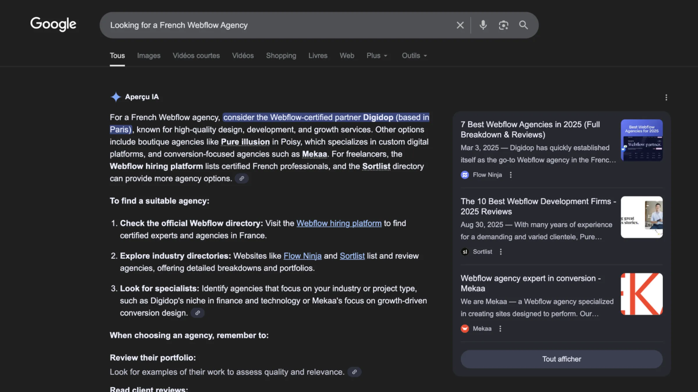 Réponse Google Overview à la requête “Looking for a French Webflow Agency”