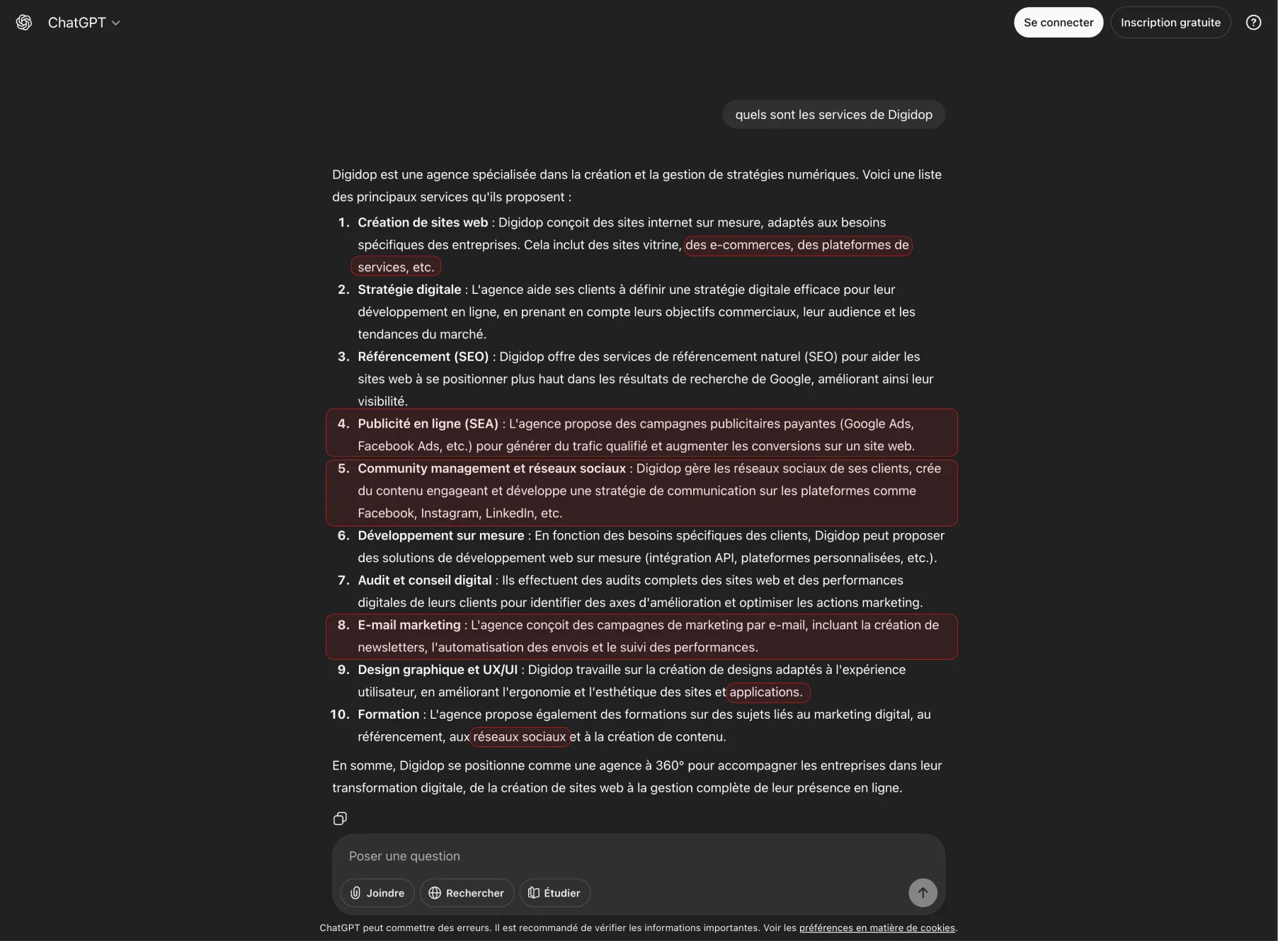 Screenshot de résultats de recherche ChatGPT suite à la question sur les services de Digidop avec entouré en rouge les réponses fausses.
