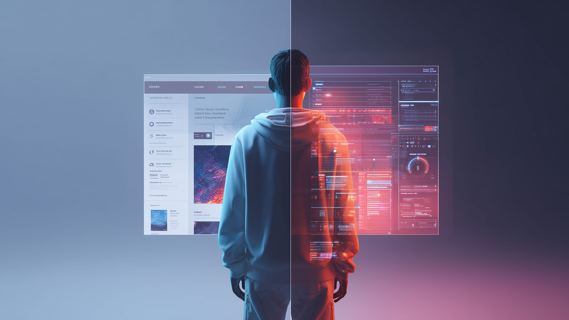 Illustration conceptuelle d’un utilisateur face à deux versions d’un site web : une interface traditionnelle à gauche et une interface futuriste axée données à droite. Métaphore du web d’aujourd’hui et du web de demain.