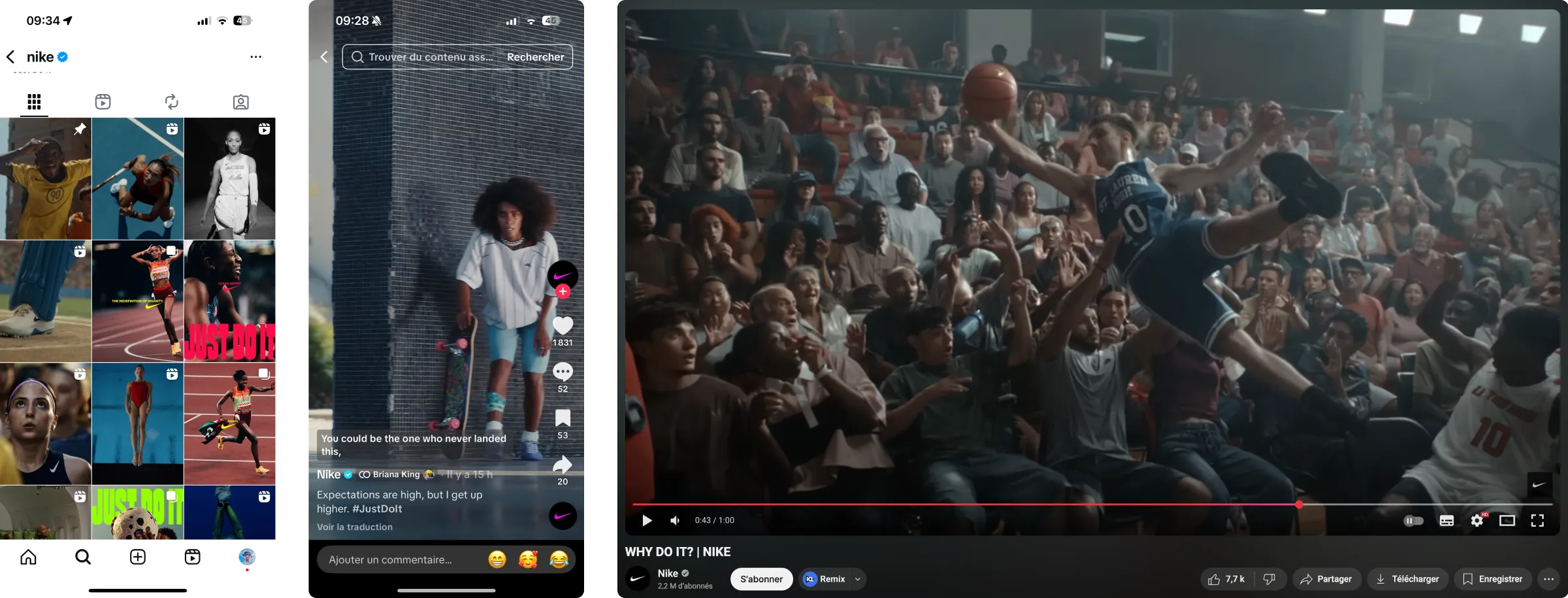 3 images des réseaux sociaux de Nike, Instagram, TikTok, YouTube