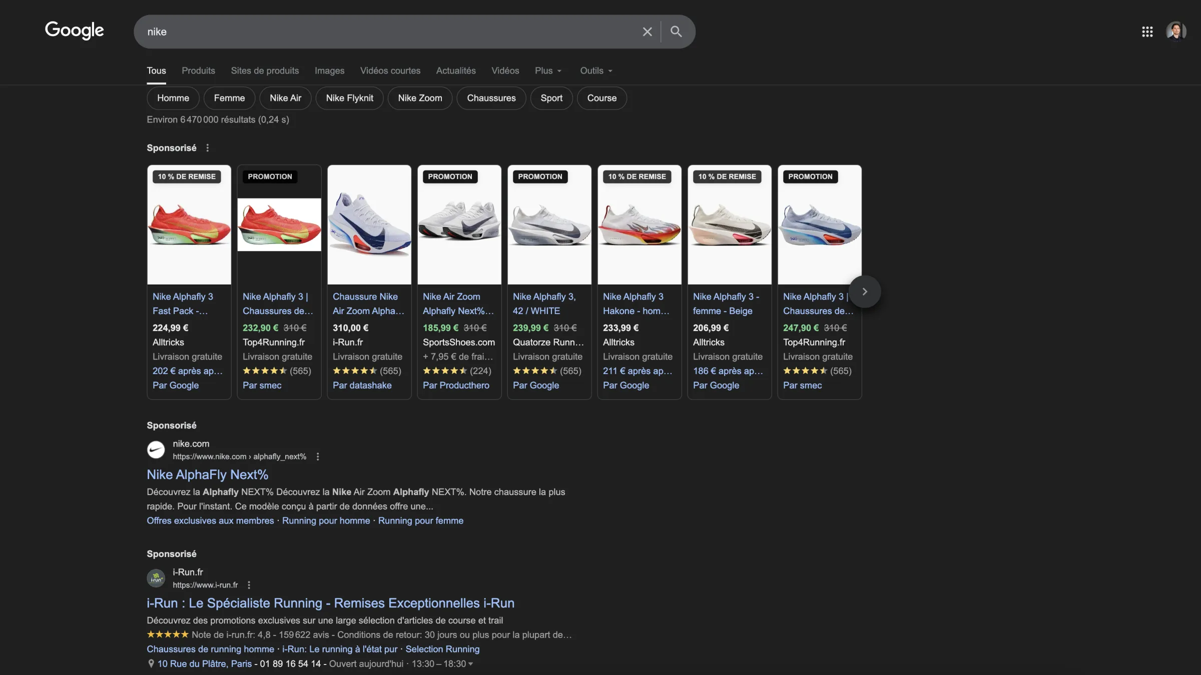 capture d’écran de google avec une requête “Nike” et des produits ecommerce affichés