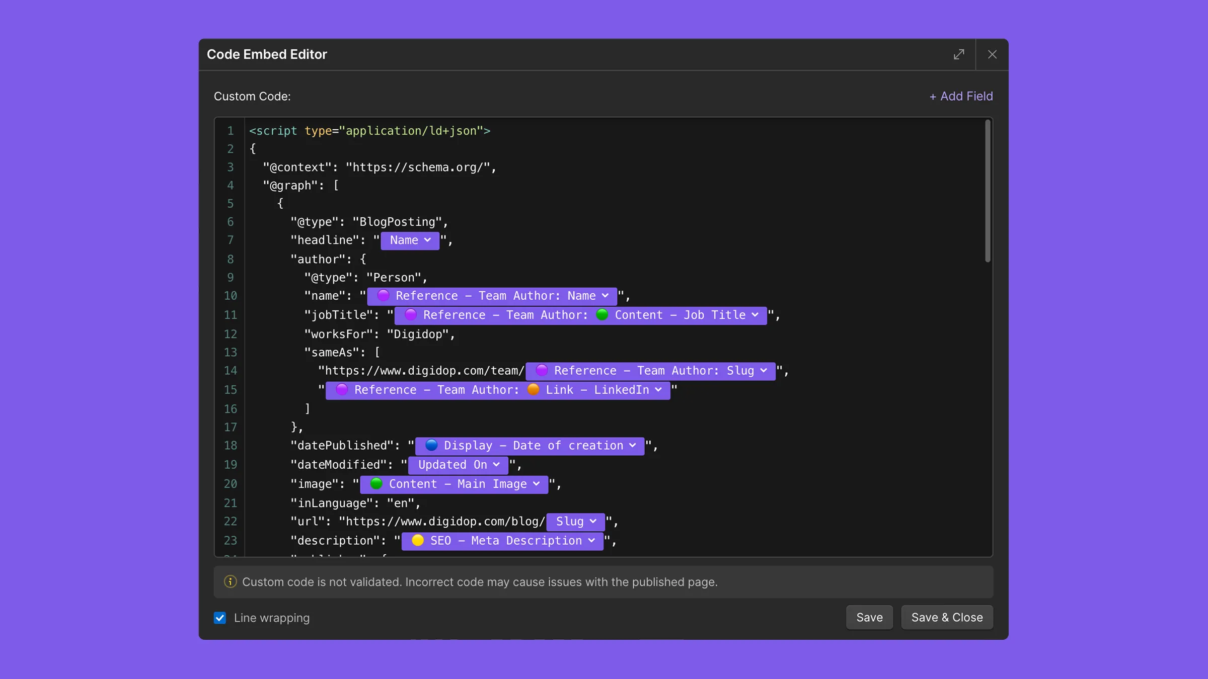 image représentant un code embed editor Webflow avec des données structurées