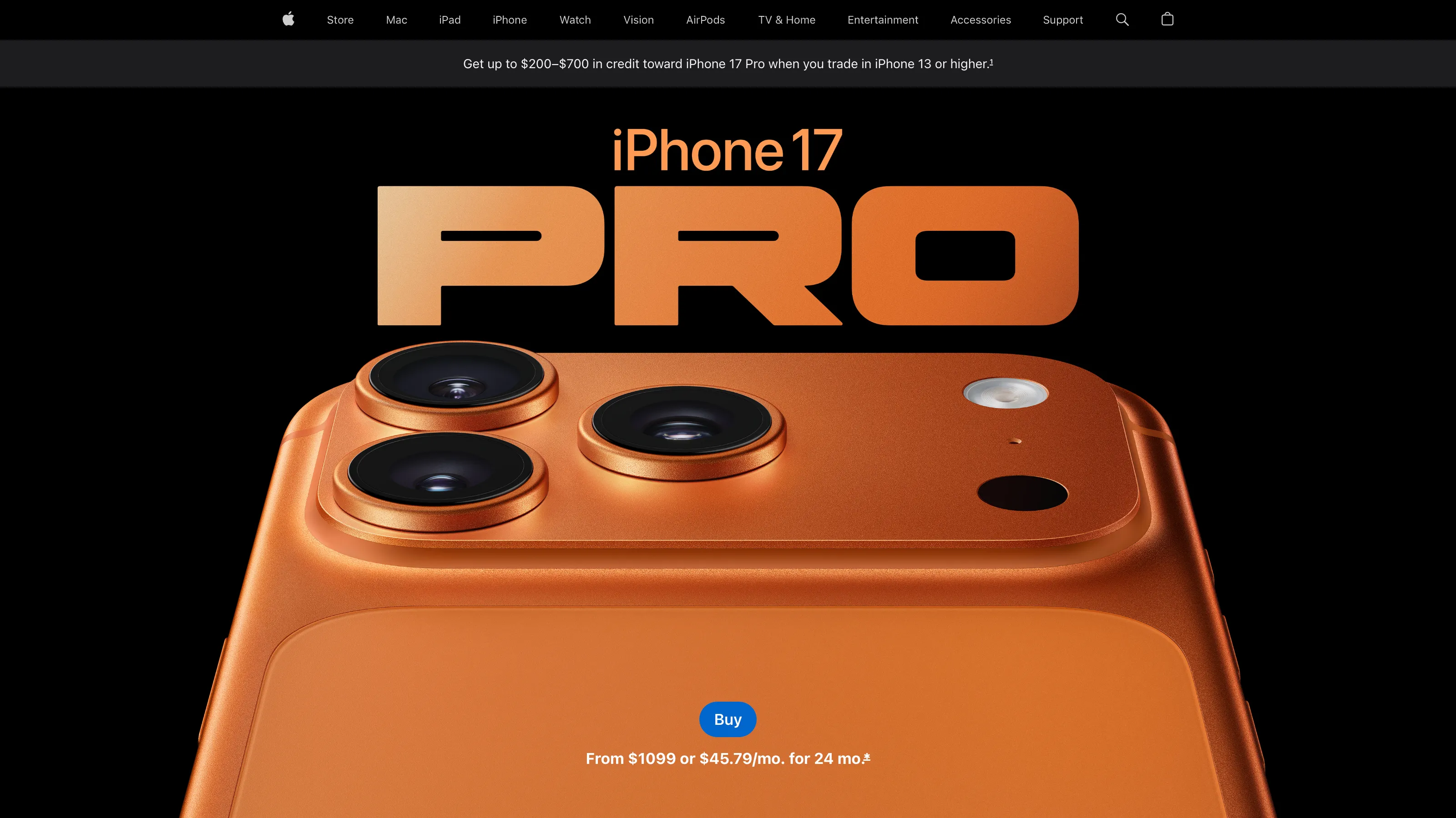 Promotional visual of the iPhone 17 Pro in copper color, highlighting its triple-lens camera and premium design.