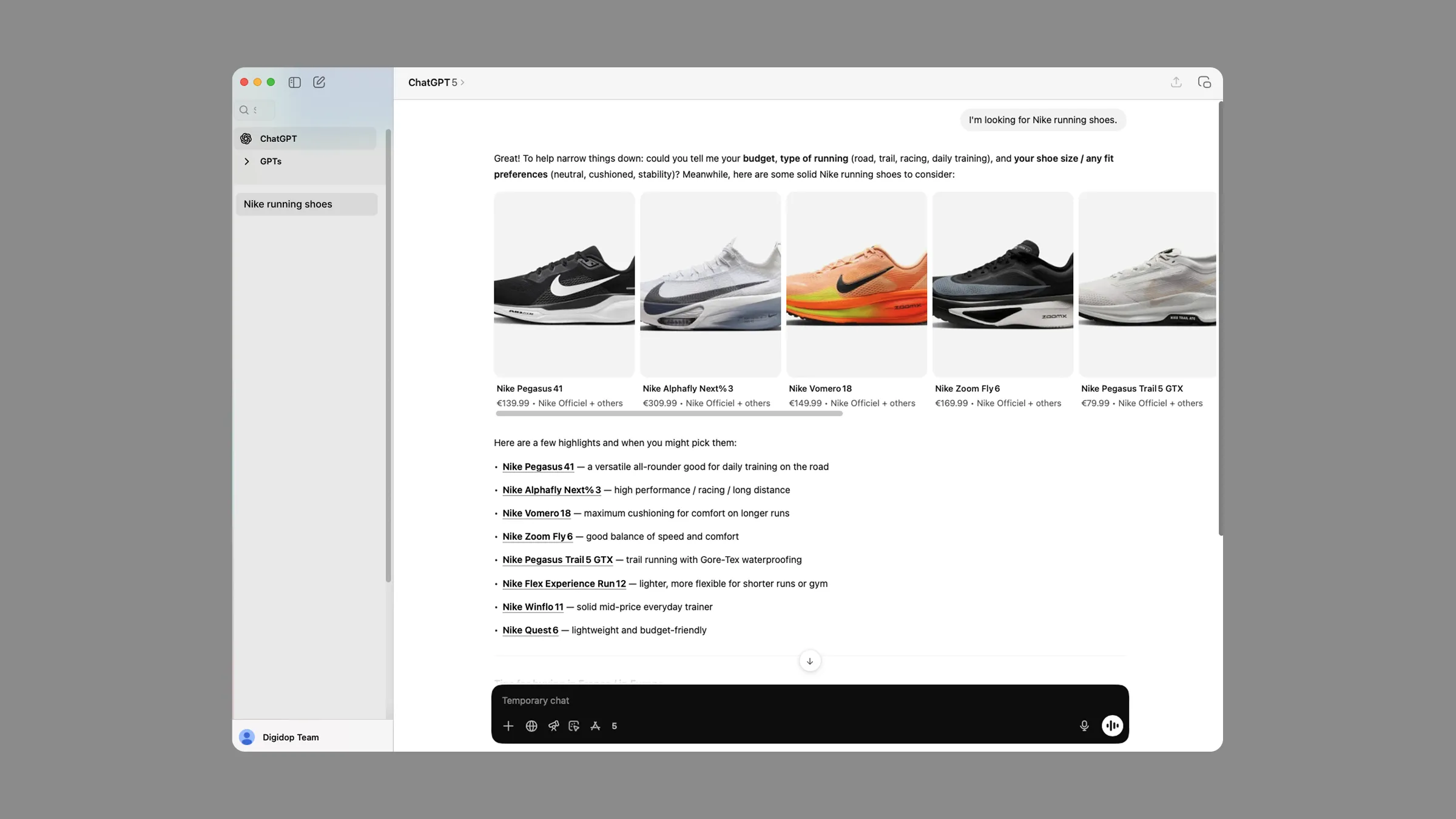 ChatGPT interface displaying a selection of Nike running shoes with descriptions, prices, and usage recommendations.