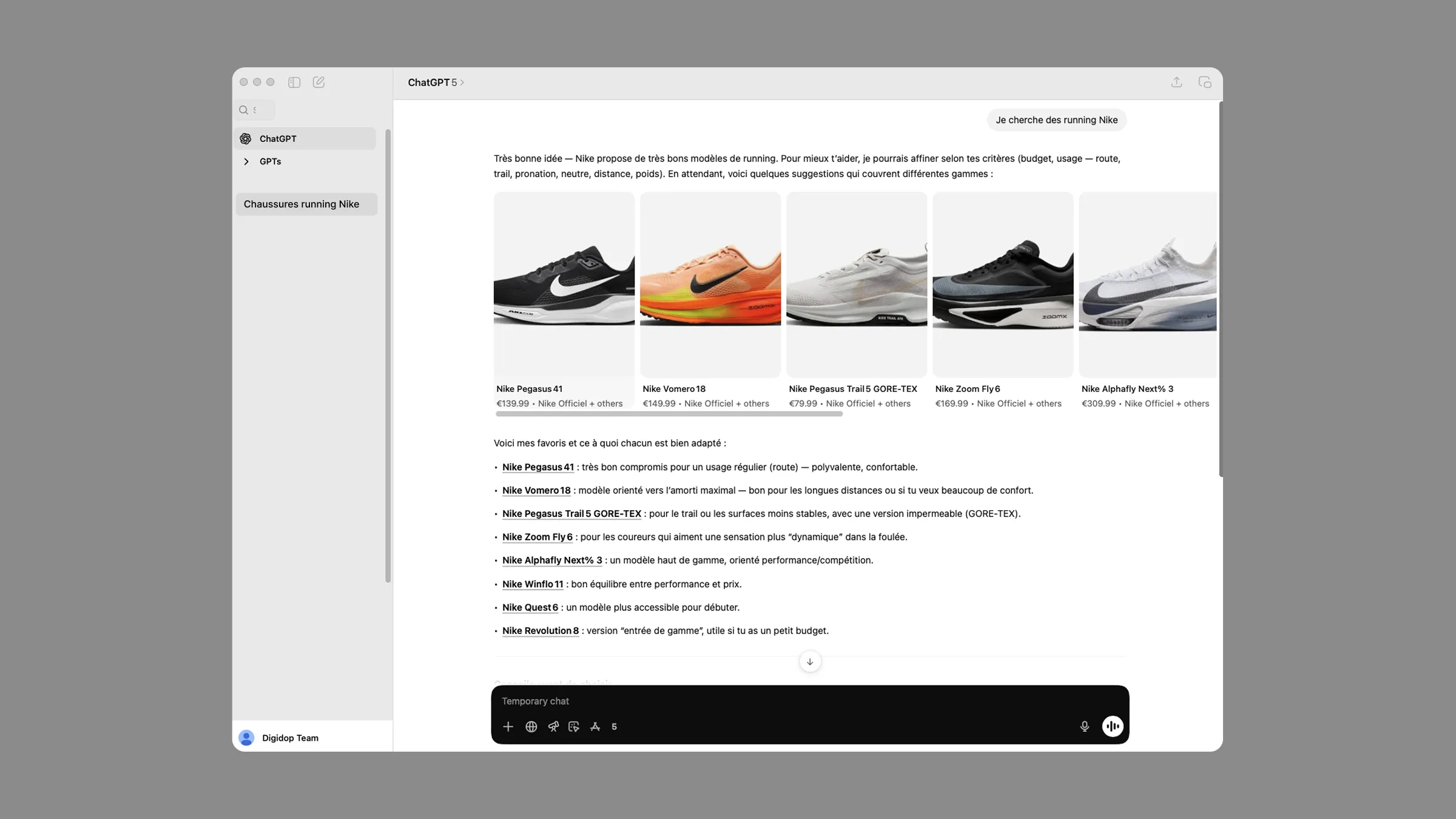 Interface ChatGPT présentant une sélection de chaussures de running Nike avec descriptions, prix et recommandations d’usage.