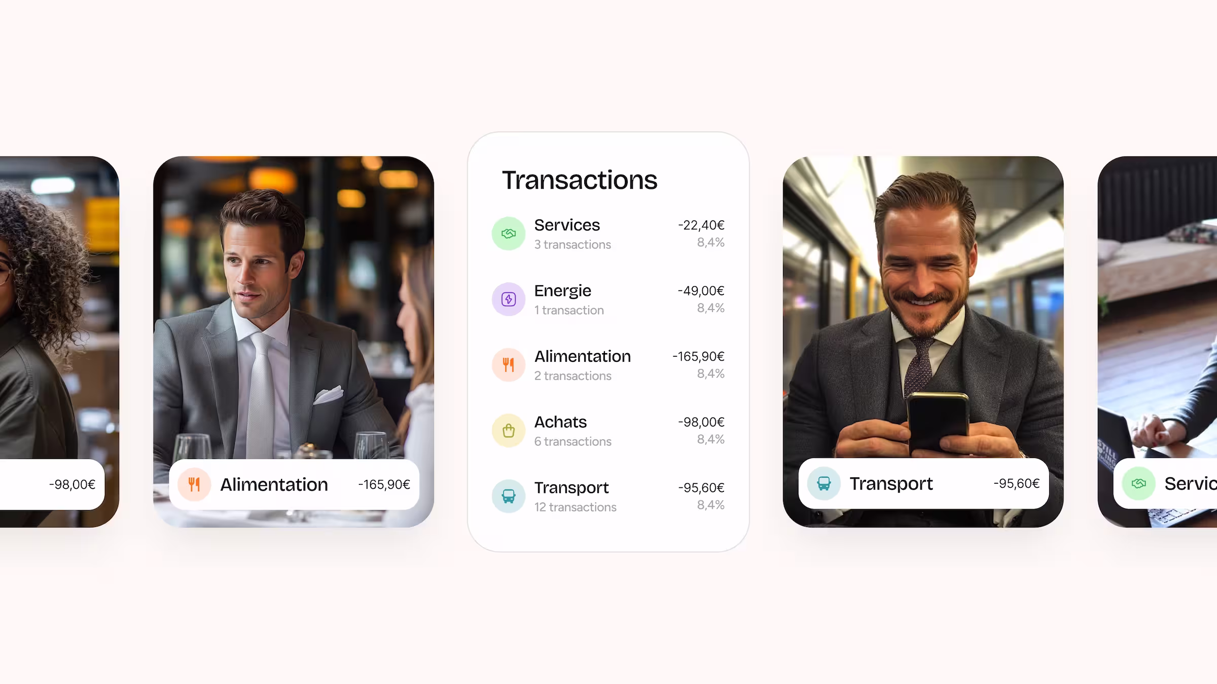 Carroussel du site Qileo avec des exemples de transaction bancaire et des photos de personnes