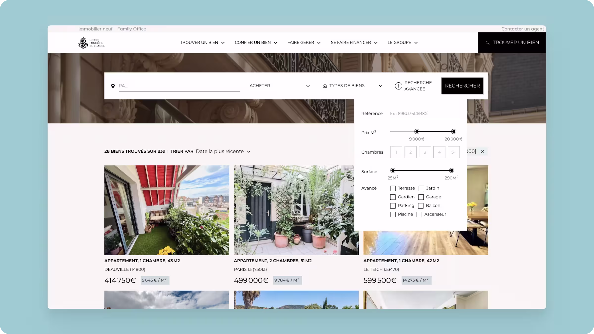 union foncière de france real estate platform with focus on their advanced property search system
