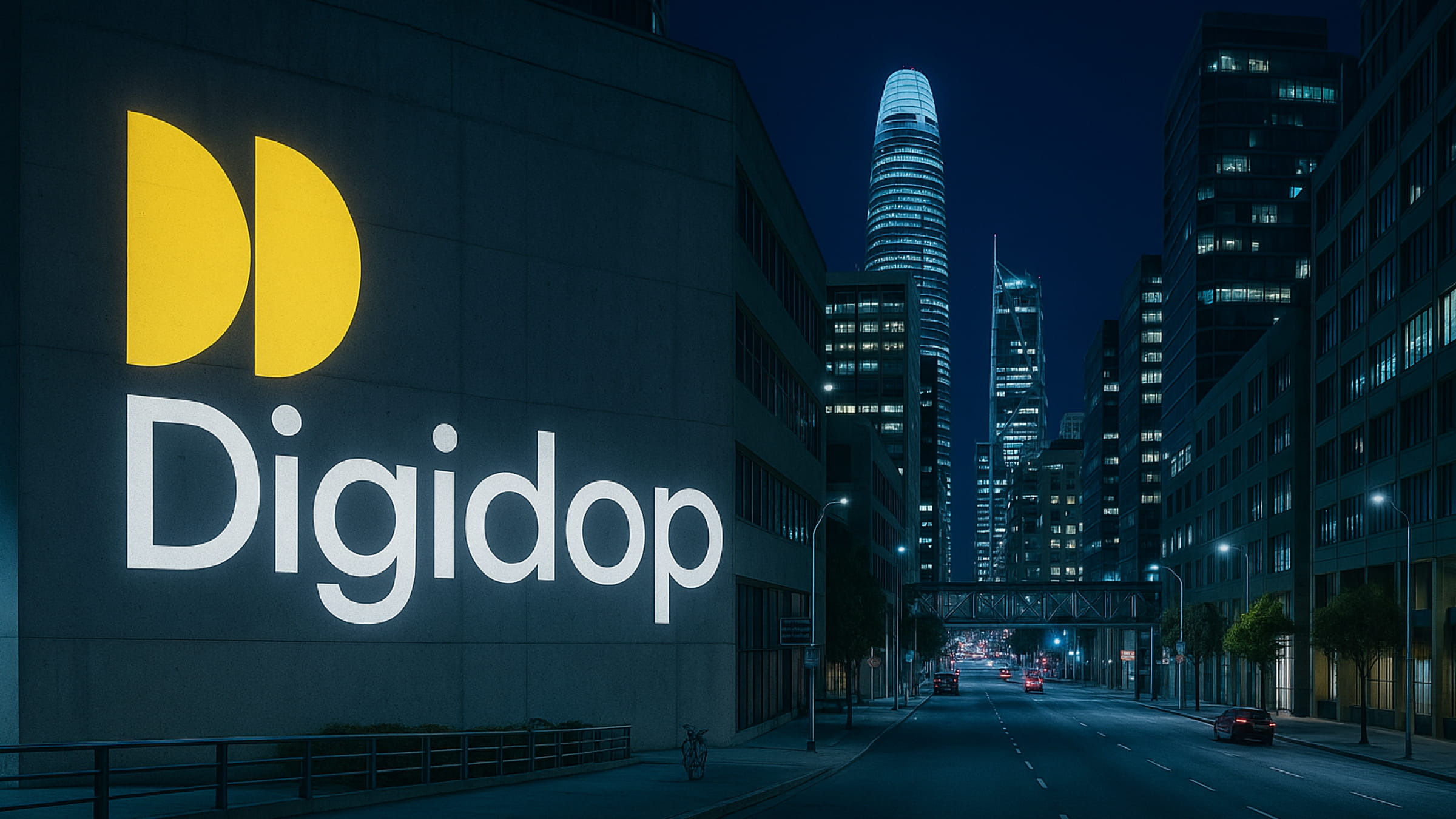 Projection of the Digidop logo on a building facade in a major city at night, symbolizing brand visibility.