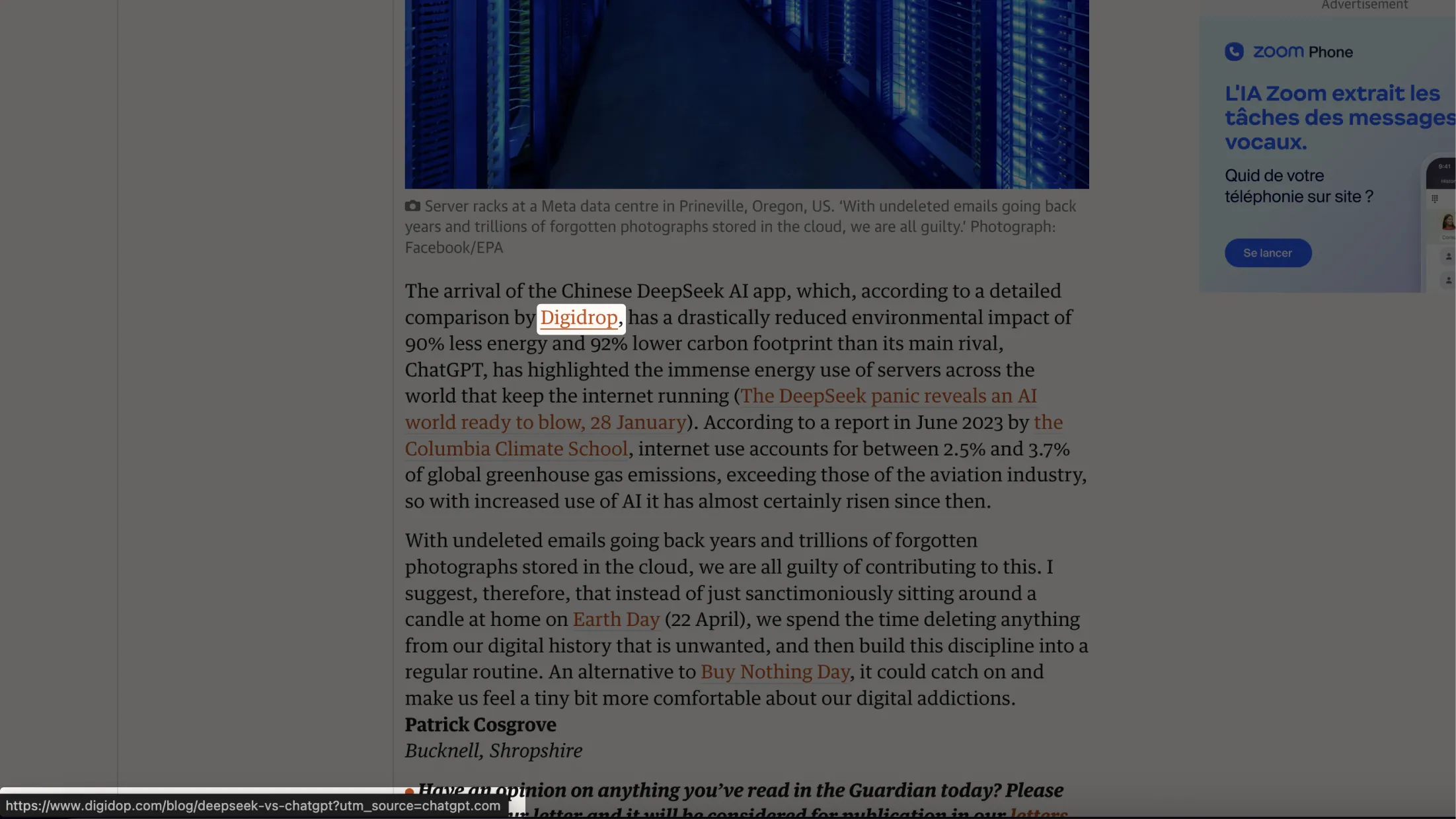 Screenshot from a Guardian article mentioning the word “Digidrop,” illustrating the phonetic confusion between Digidop and similar names online.