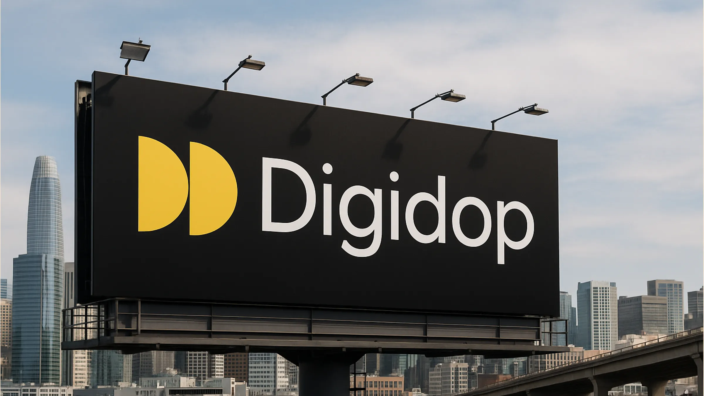 Large Digidop billboard on an urban highway, representing brand awareness and public presence.