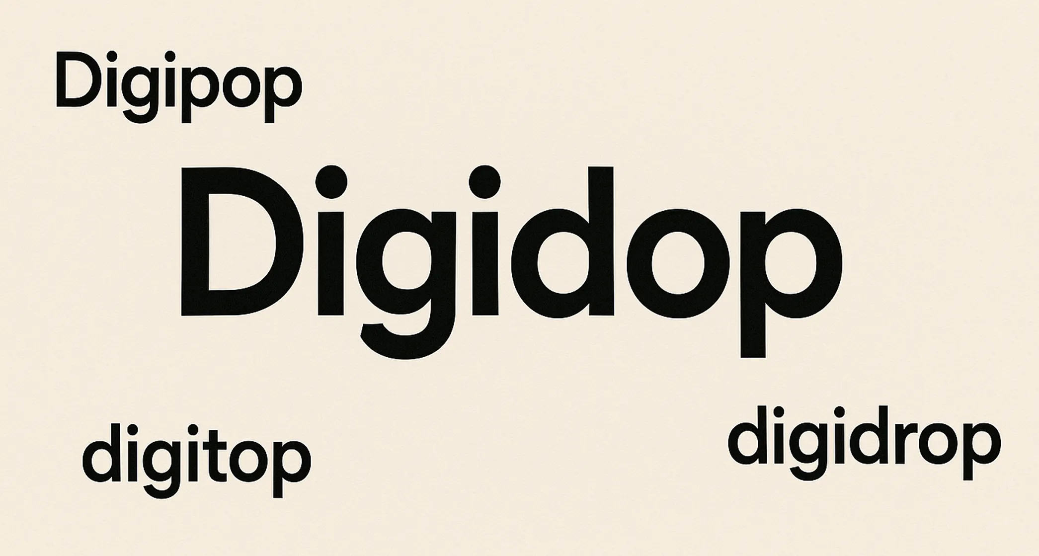 Typographic composition showing name variations close to Digidop, such as Digipop, Digitop, and Digidrop, illustrating the paronymy around the brand.