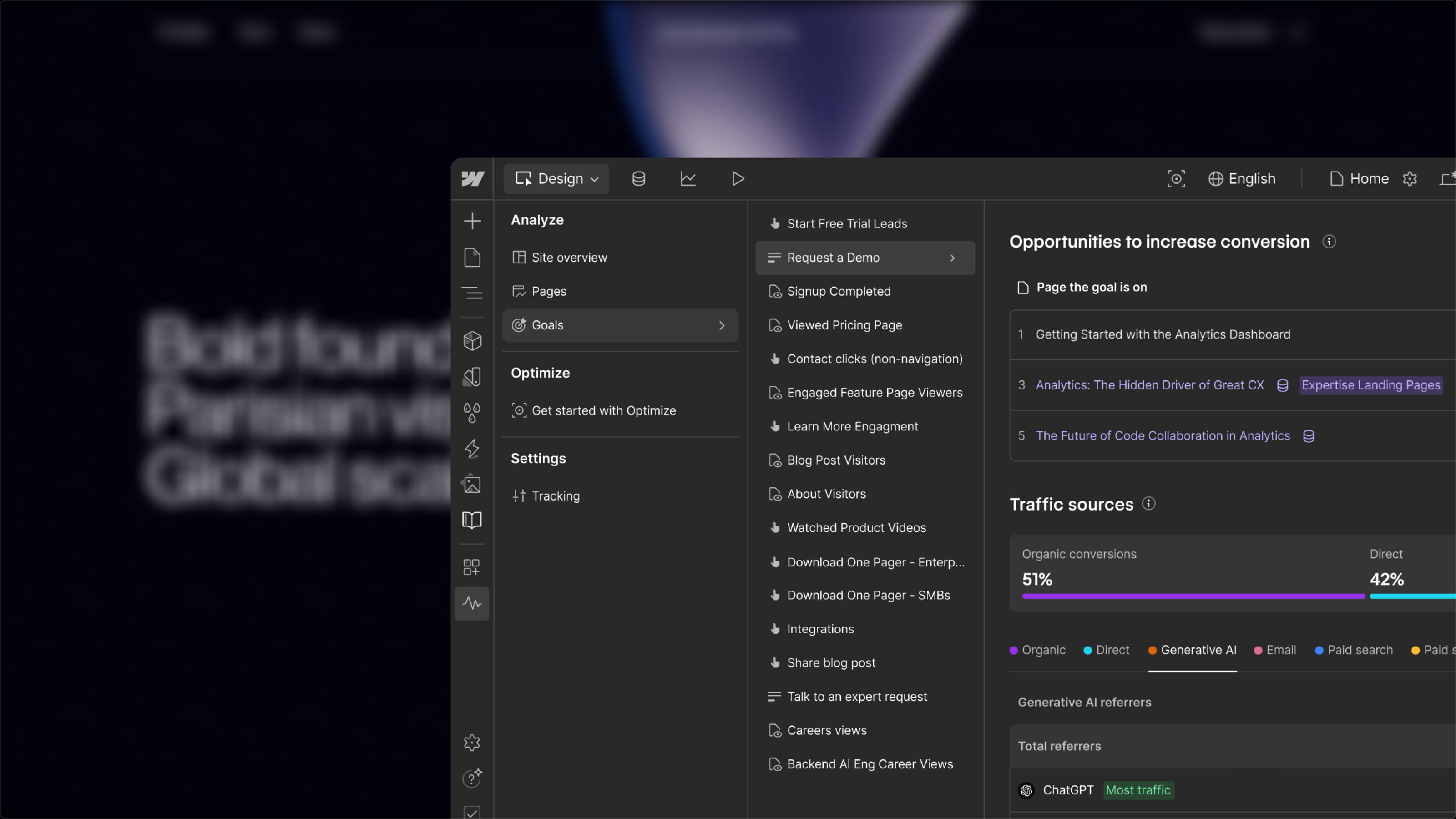 Interface de Webflow Optimize affichant le tableau de bord d’analyse et les opportunités d’optimisation des conversions, avec suivi du trafic et des sources organiques.